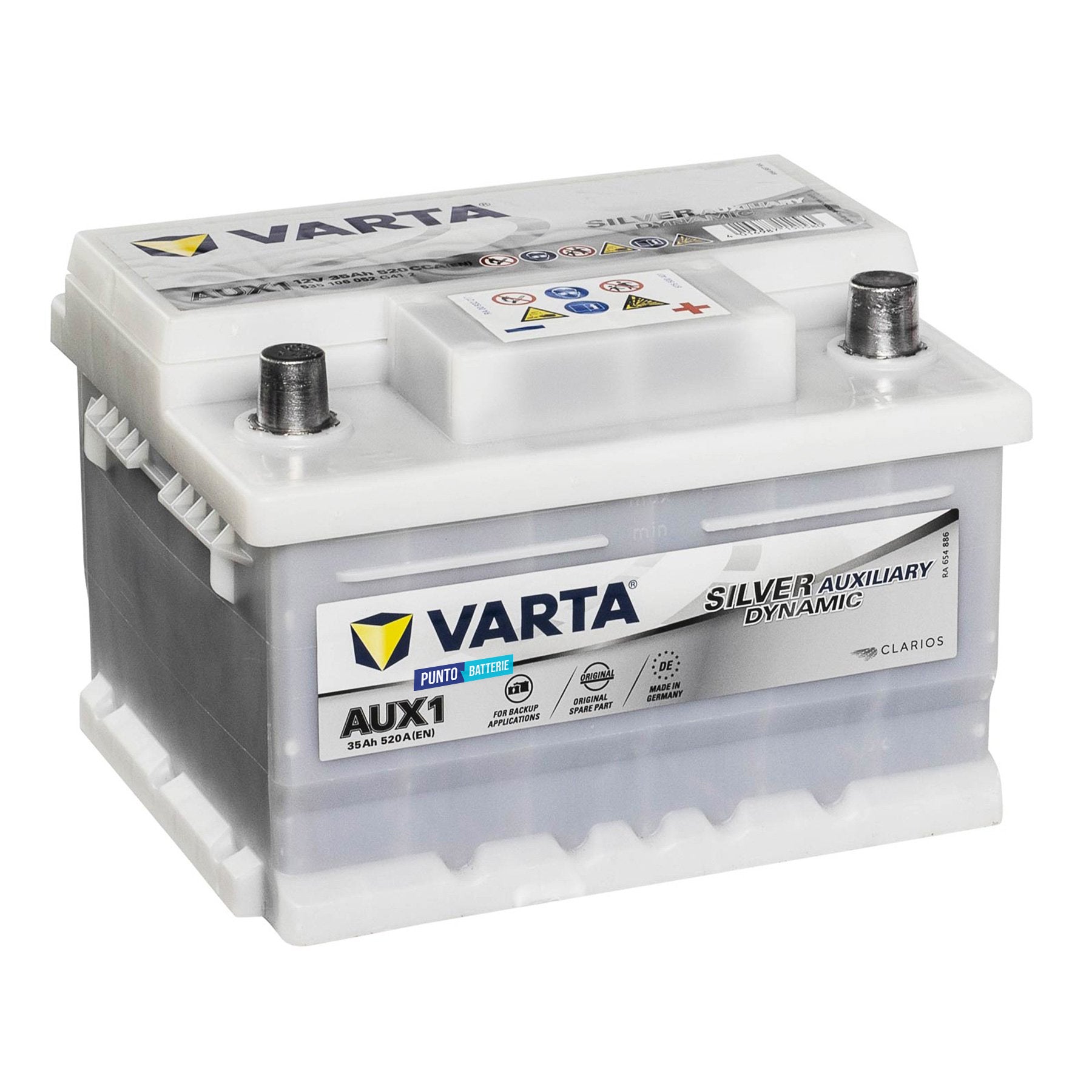 Batteria originale Varta Silver Dynamic Auxiliary AUX1, dimensioni 212 x 175 x 140, polo positivo a destra, 12 volt, 35 amperora, 520 ampere, AGM. Batteria ausiliaria per auto e veicoli leggeri con start e stop.