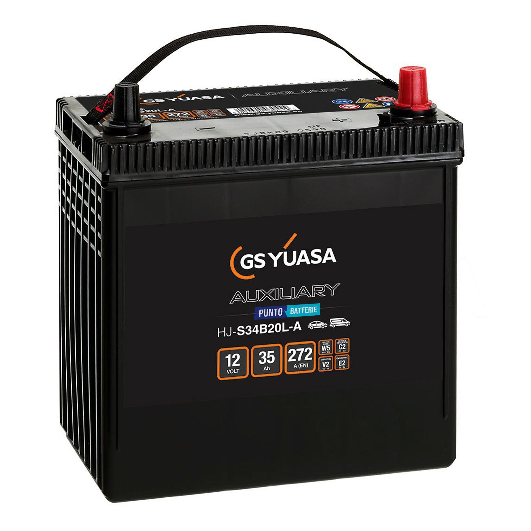 Batteria originale Yuasa Ausiliarie e Backup HJ-S34B20L-A, dimensioni 197 x 129 x 227, polo positivo a destra, 12 volt, 35 amperora, 272 ampere, AGM. Batteria ausiliaria per auto e veicoli leggeri con start e stop.
