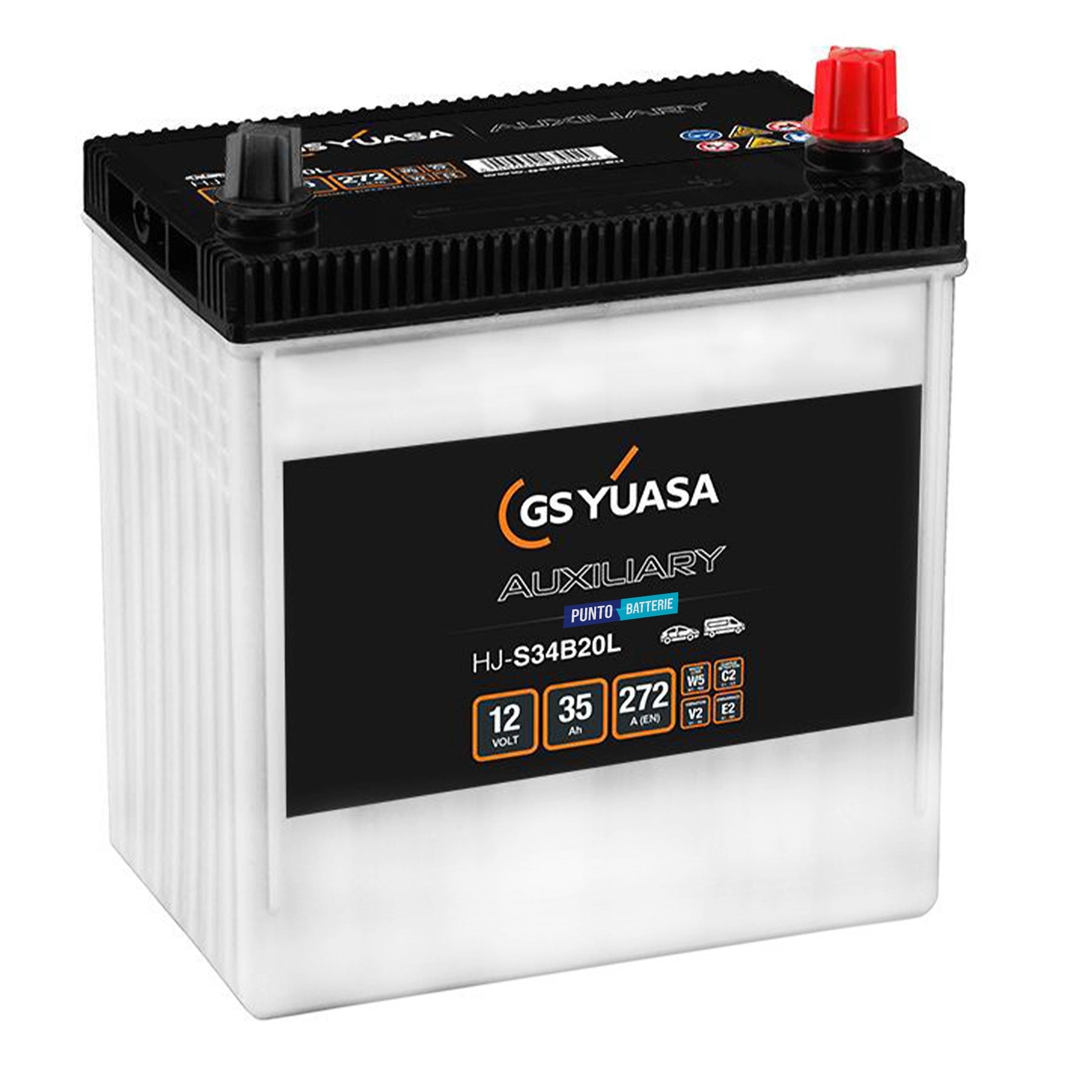 Batteria originale Yuasa Ausiliarie e Backup HJ-S34B20L, dimensioni 197 x 129 x 227, polo positivo a destra, 12 volt, 35 amperora, 272 ampere, AGM. Batteria ausiliaria per auto e veicoli leggeri con start e stop.