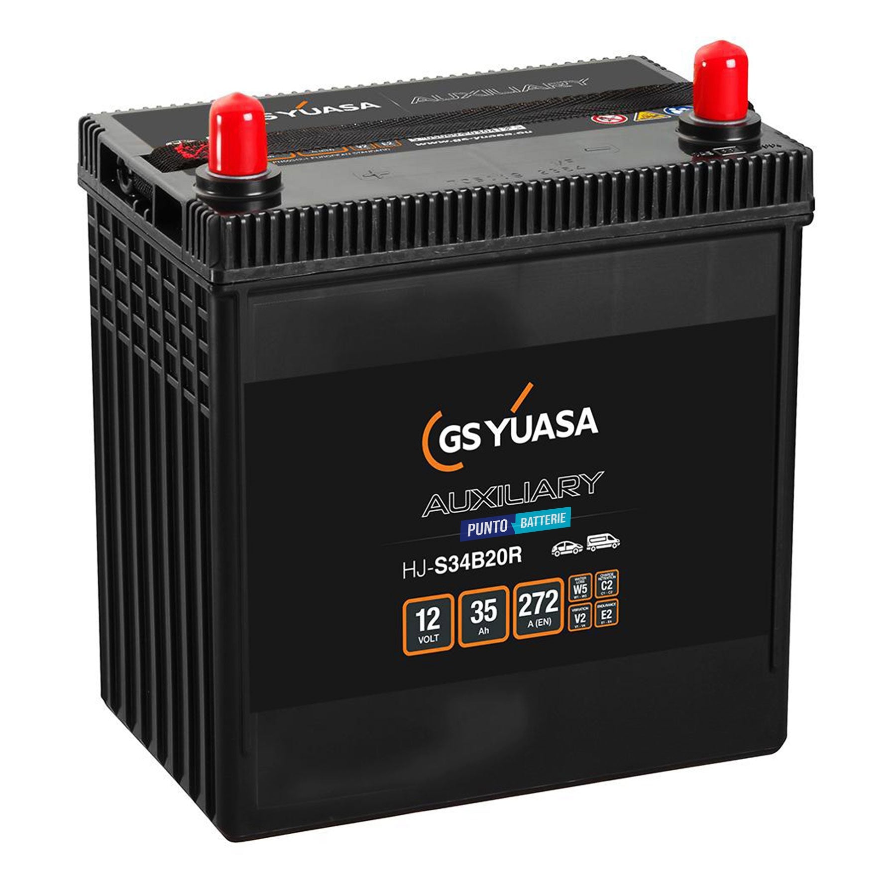 Batteria originale Yuasa Ausiliarie e Backup HJ-S34B20R, dimensioni 197 x 129 x 227, polo positivo a sinistra, 12 volt, 35 amperora, 272 ampere, AGM. Batteria ausiliaria per auto e veicoli leggeri con start e stop.