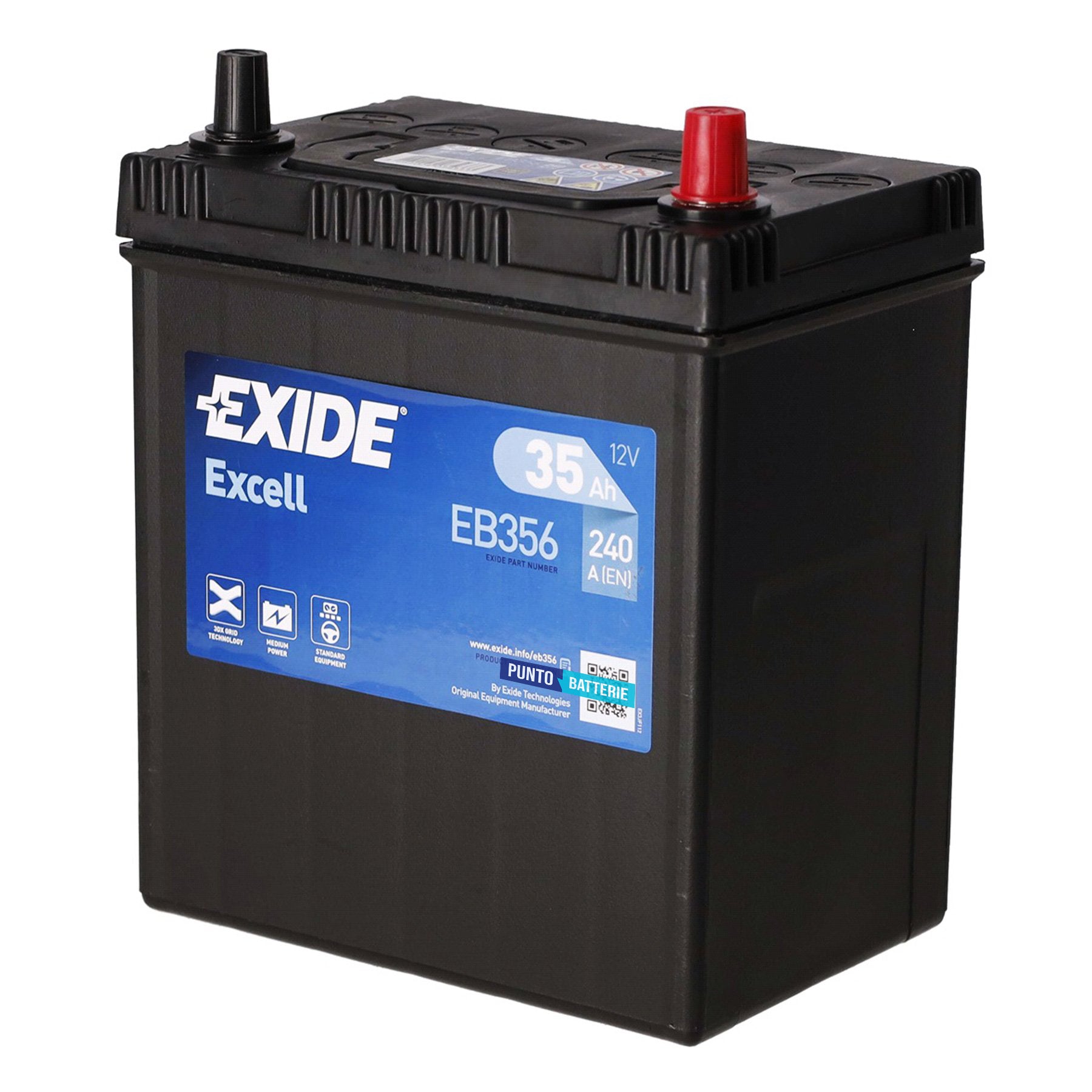 Batteria originale Exide Excell EB356, dimensioni 187 x 127 x 220, polo positivo a destra, 12 volt, 35 amperora, 240 ampere. Batteria per auto e veicoli leggeri.