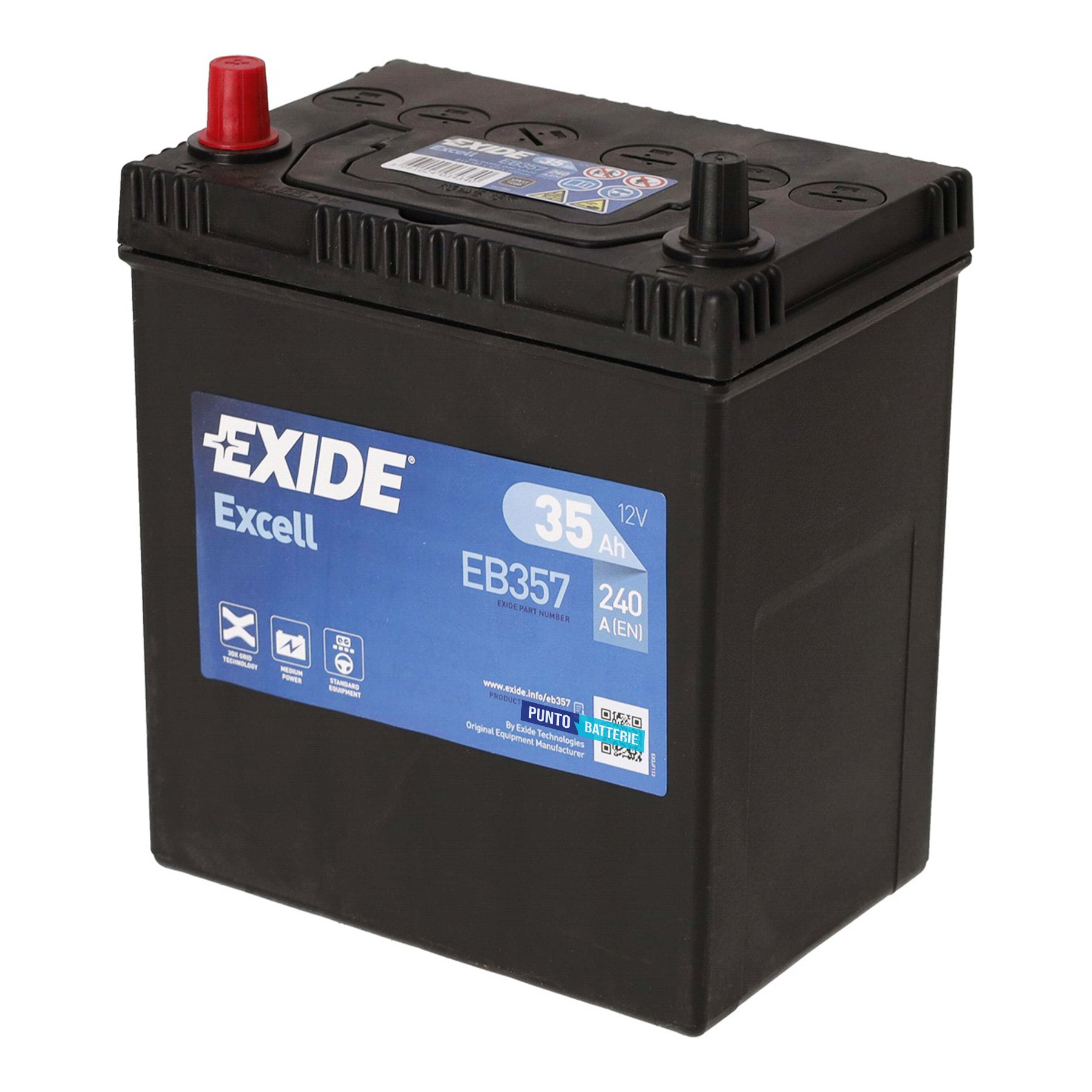 Batteria originale Exide Excell EB357, dimensioni 187 x 127 x 220, polo positivo a sinistra, 12 volt, 35 amperora, 240 ampere. Batteria per auto e veicoli leggeri.