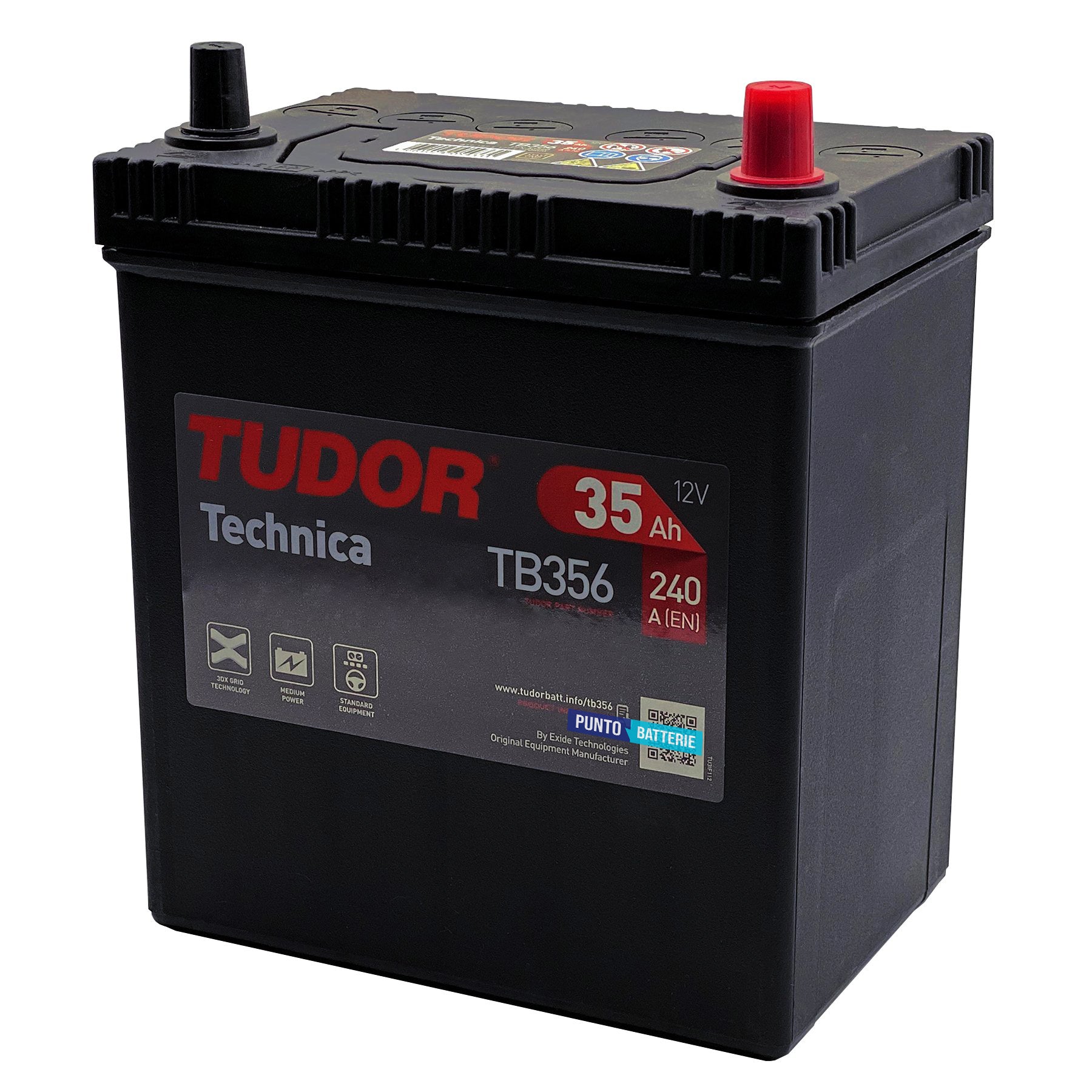 Batteria originale Tudor Technica TB356, dimensioni 187 x 127 x 220, polo positivo a destra, 12 volt, 35 amperora, 240 ampere. Batteria per auto e veicoli leggeri.
