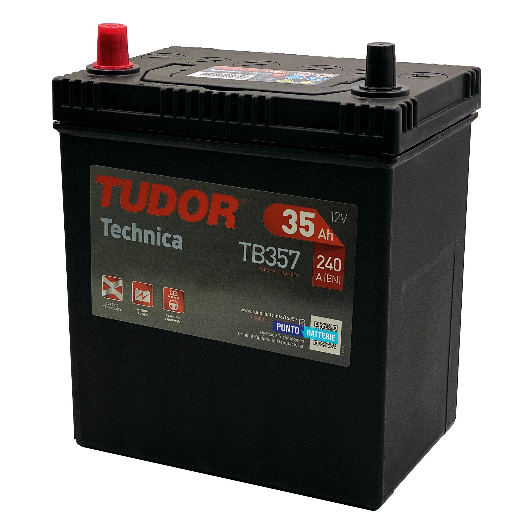 Batteria originale Tudor Technica TB357, dimensioni 187 x 127 x 220, polo positivo a sinistra, 12 volt, 35 amperora, 240 ampere. Batteria per auto e veicoli leggeri.