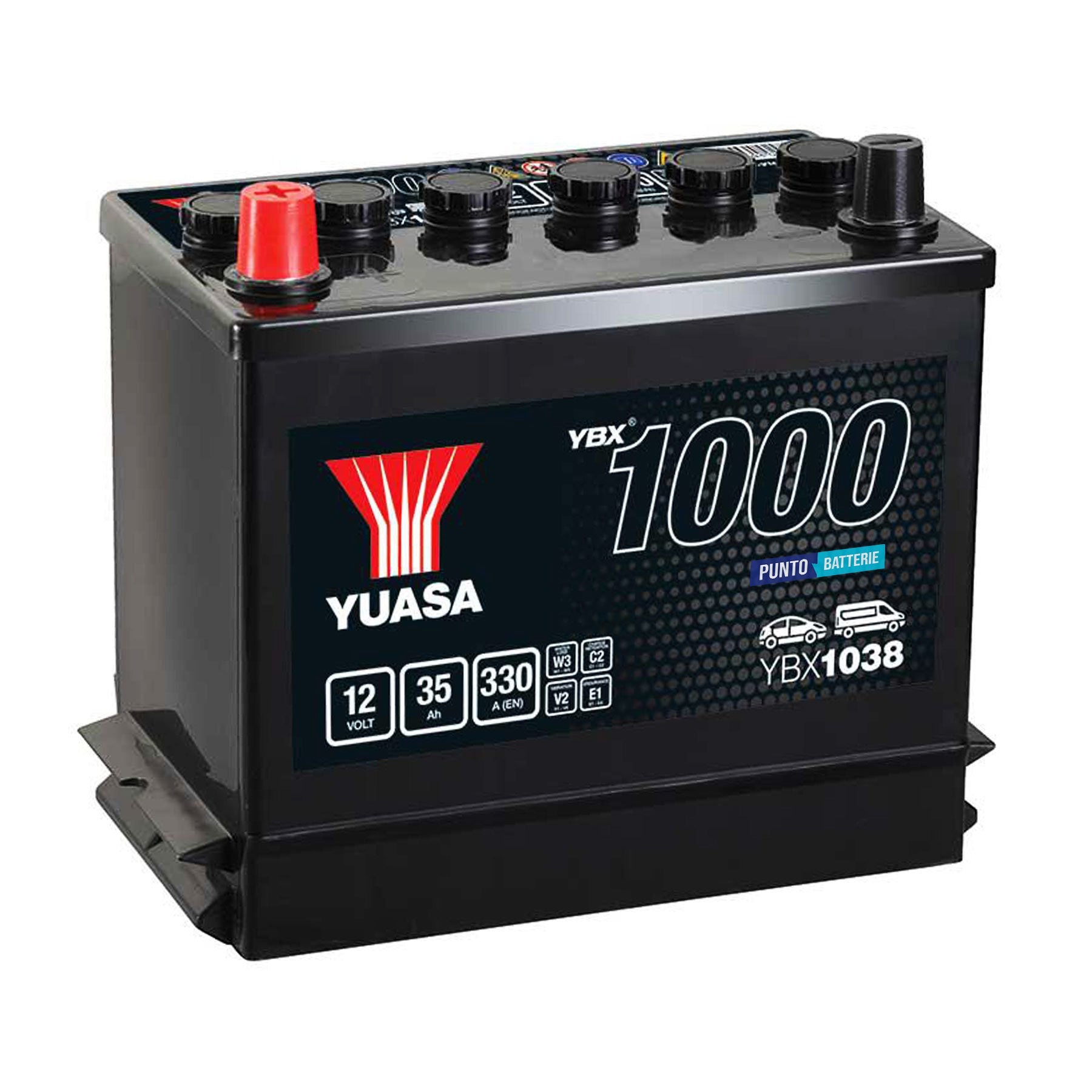 Batteria originale Yuasa YBX1000 YBX1038, dimensioni 243 x 135 x 202, polo positivo a sinistra, 12 volt, 35 amperora, 330 ampere. Batteria per auto e veicoli leggeri.