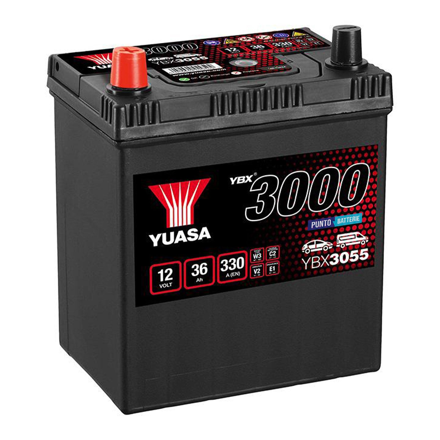 Batteria originale Yuasa YBX3000 YBX3055, dimensioni 187 x 127 x 227, polo positivo a sinistra, 12 volt, 36 amperora, 330 ampere. Batteria per auto e veicoli leggeri.