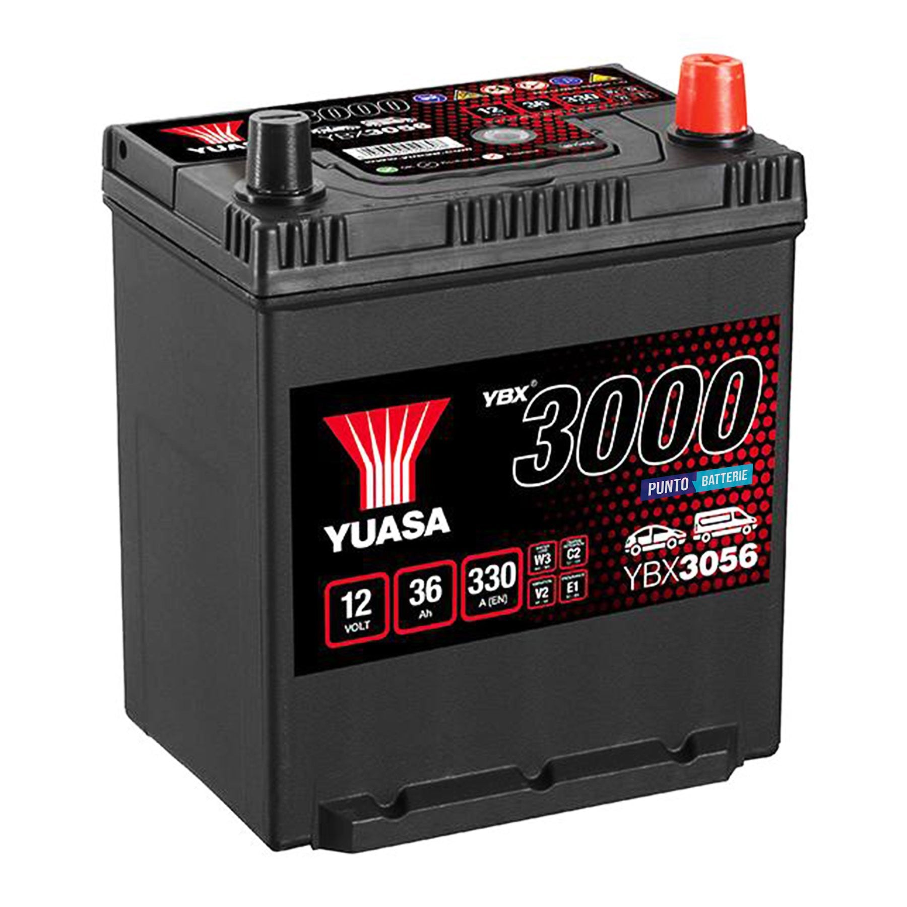 Batteria originale Yuasa YBX3000 YBX3056, dimensioni 187 x 136 x 227, polo positivo a destra, 12 volt, 36 amperora, 330 ampere. Batteria per auto e veicoli leggeri.