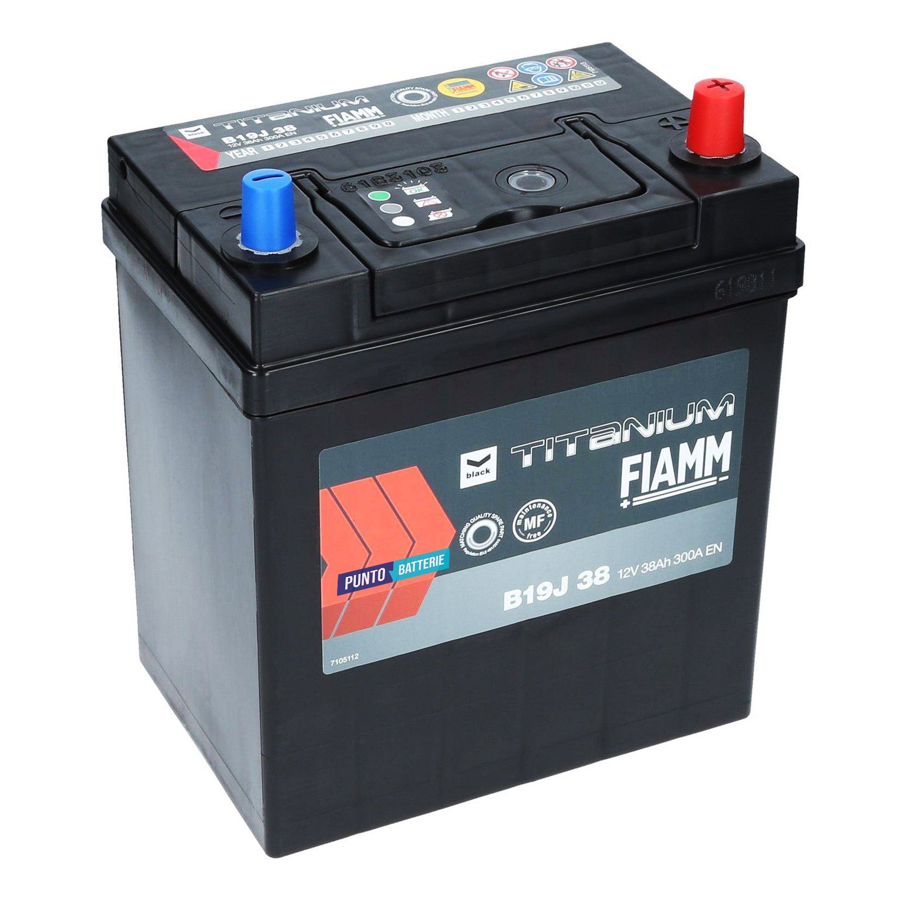 Batteria originale Fiamm Black Titanium B19J 38, dimensioni 187 x 127 x 220, polo positivo a destra, 12 volt, 38 amperora, 300 ampere. Batteria per auto e veicoli leggeri.