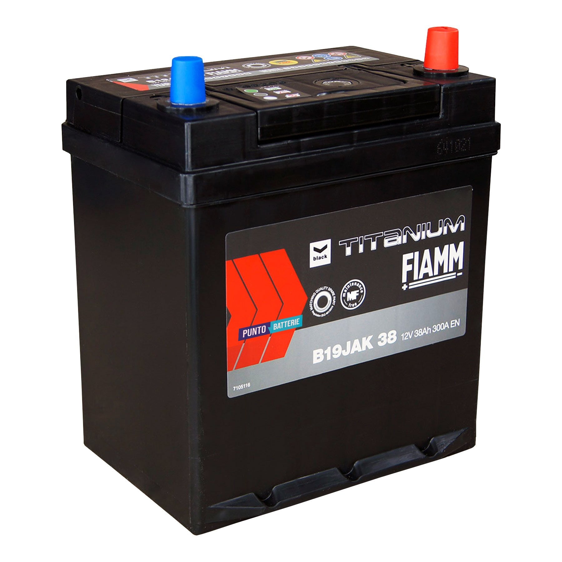 Batteria originale Fiamm Black Titanium B19JAK 38, dimensioni 187 x 127 x 220, polo positivo a destra, 12 volt, 38 amperora, 300 ampere. Batteria per auto e veicoli leggeri.