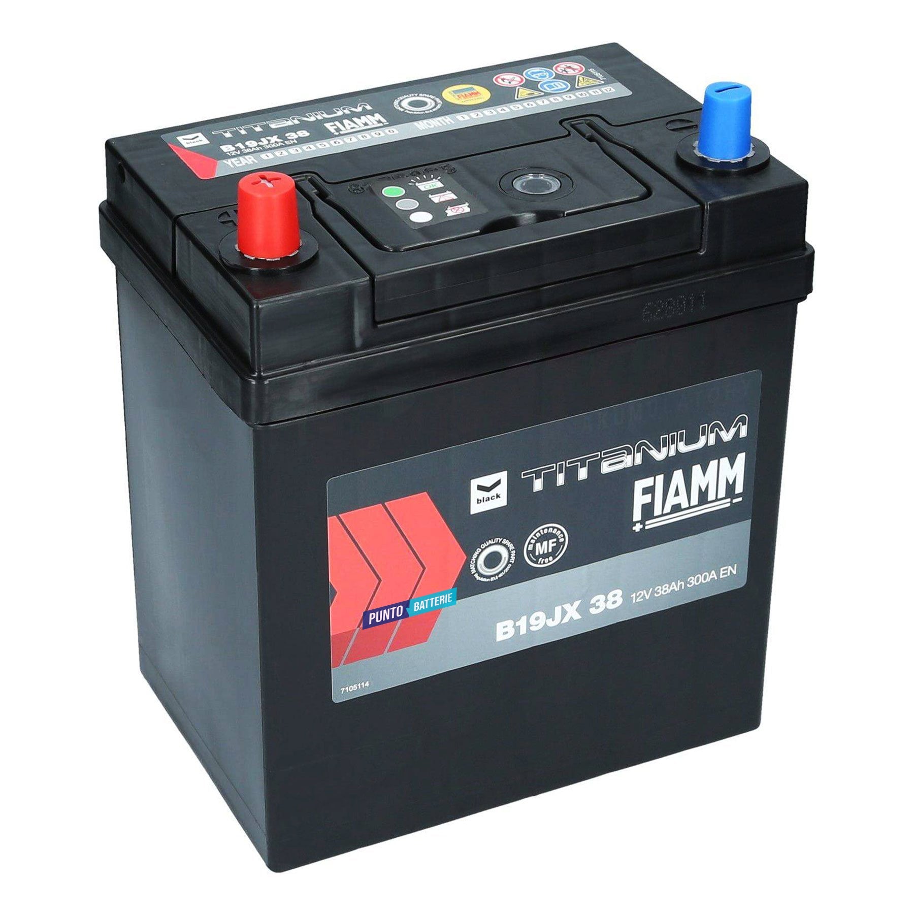 Batteria originale Fiamm Black Titanium B19JX 38, dimensioni 187 x 127 x 220, polo positivo a sinistra, 12 volt, 38 amperora, 300 ampere. Batteria per auto e veicoli leggeri.