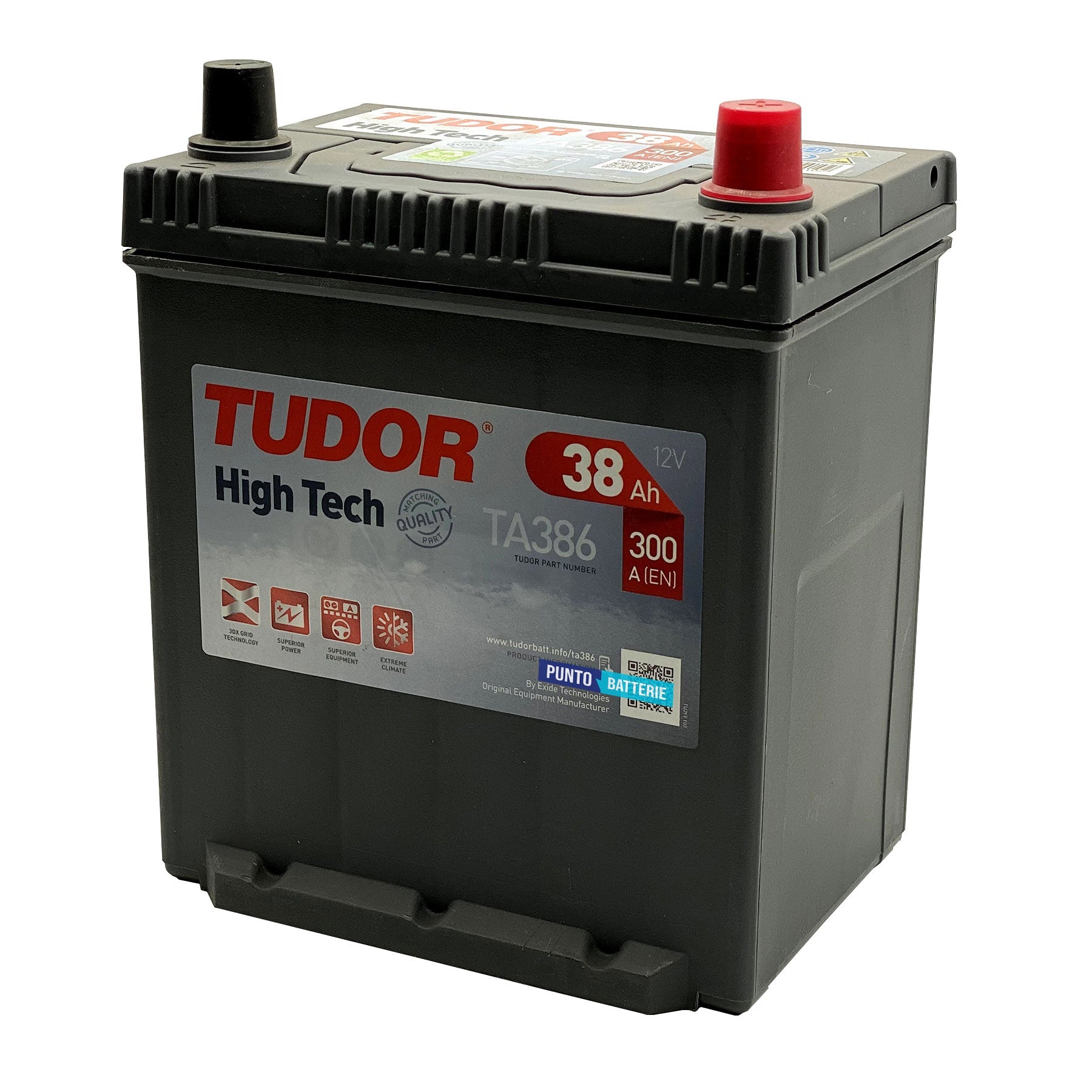 Batteria originale Tudor High Tech TA386, dimensioni 187 x 127 x 220, polo positivo a destra, 12 volt, 38 amperora, 300 ampere. Batteria per auto e veicoli leggeri.