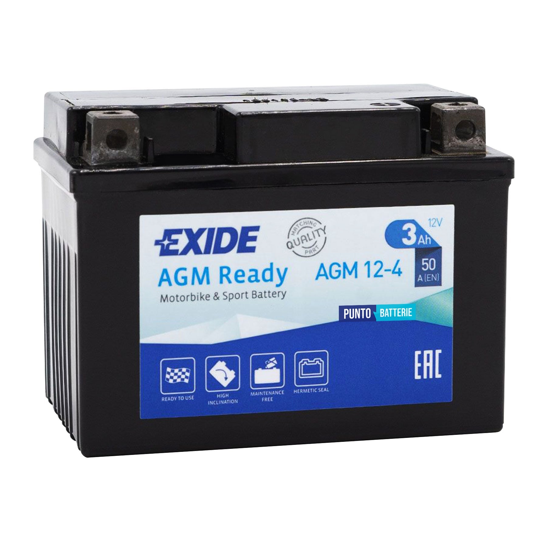 Batteria originale Exide AGM Ready AGM12-4, dimensioni 113 x 70 x 85, polo positivo a destra, 12 volt, 3 amperora, 50 ampere. Batteria per moto, scooter e powersport.