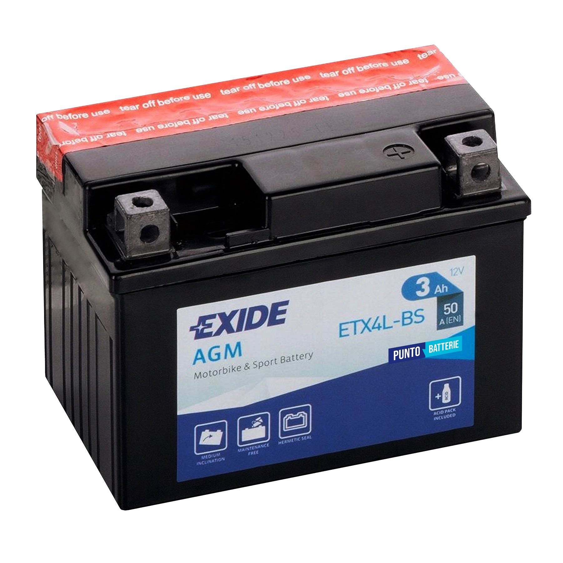 Batteria originale Exide AGM ETX4L-BS, dimensioni 115 x 70 x 85, polo positivo a destra, 12 volt, 3 amperora, 50 ampere. Batteria per moto, scooter e powersport.