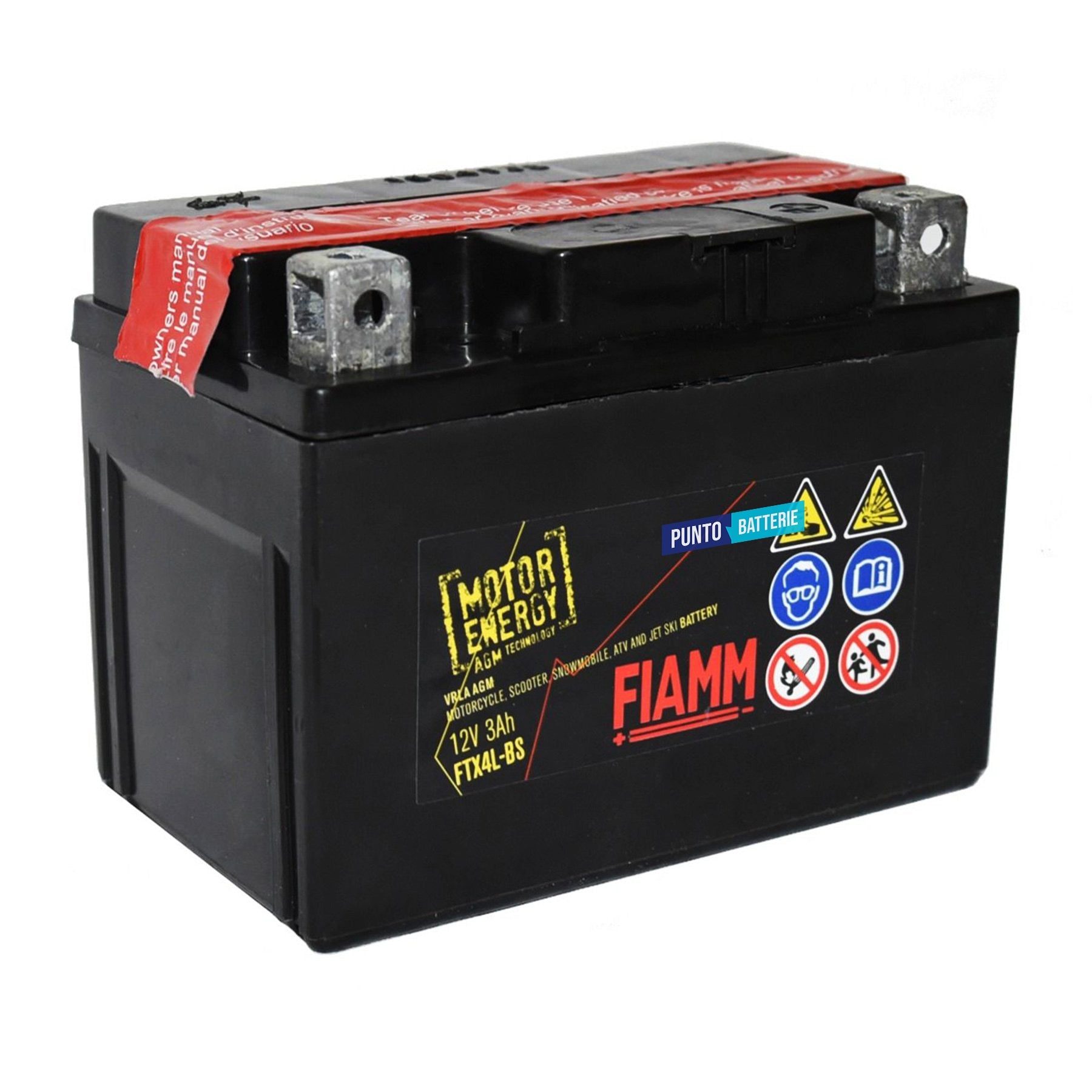 Batteria originale Fiamm Motor Energy AGM FTX4L-BS, dimensioni 113 x 70 x 85, polo positivo a destra, 12 volt, 3 amperora, 50 ampere. Batteria per moto, scooter e powersport.