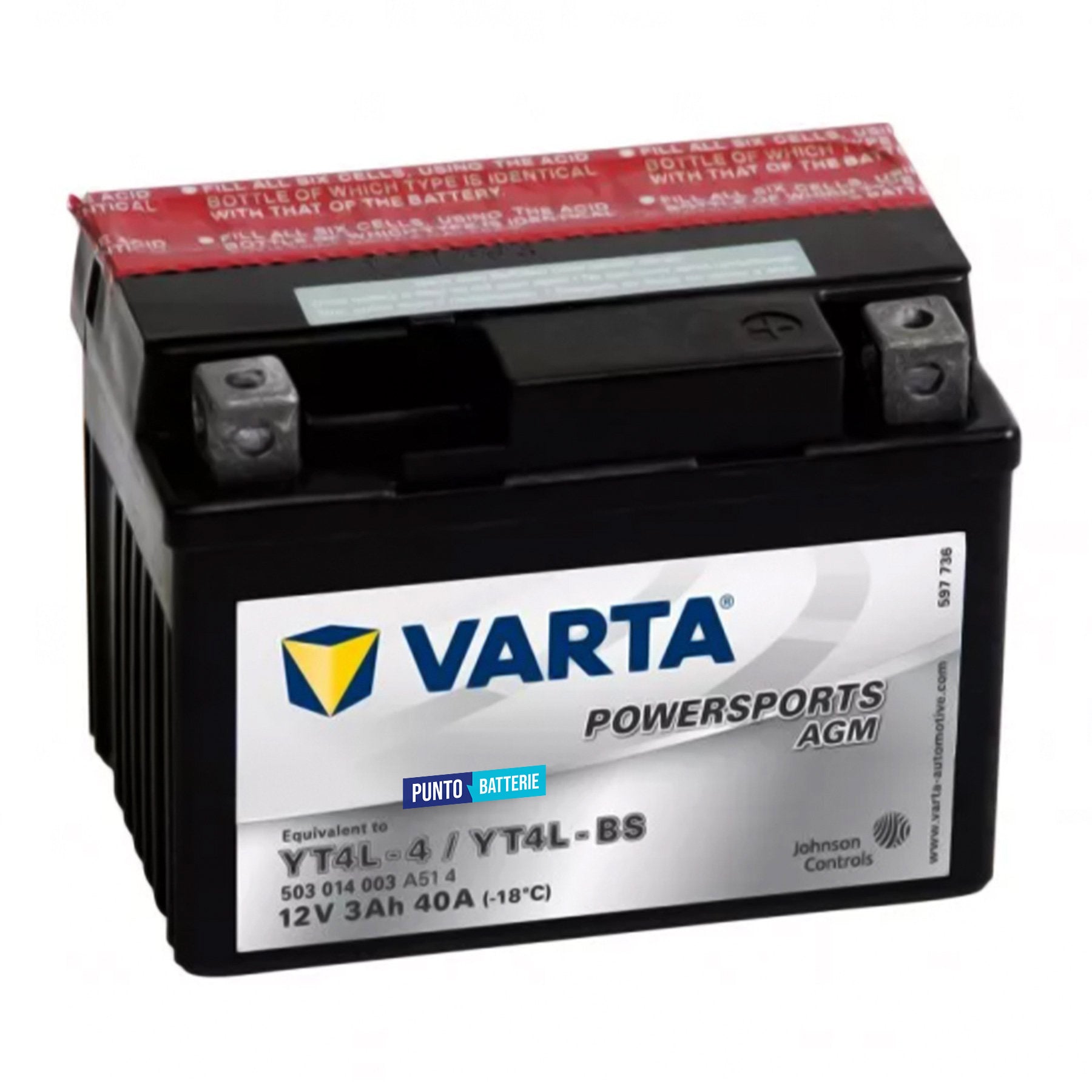 Batteria originale Varta Powersport AGM YTX4L-4, dimensioni 113 x 70 x 87, polo positivo a destra, 12 volt, 3 amperora, 50 ampere. Batteria per moto, scooter e powersport.
