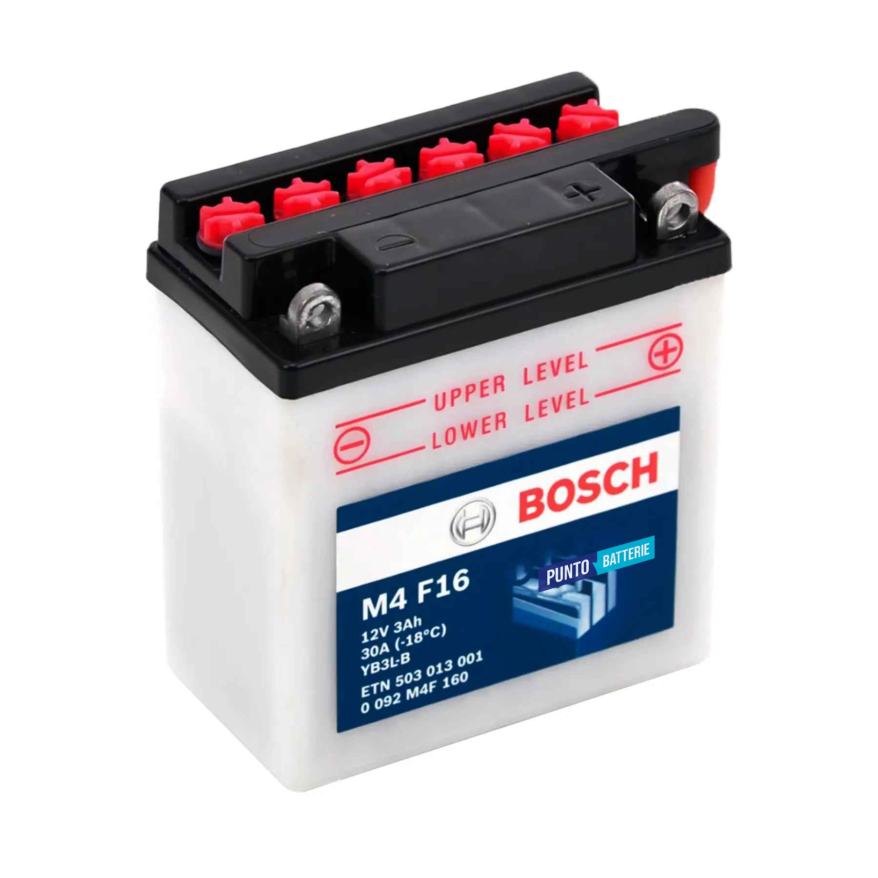Batteria originale Bosch M4 M4F16, dimensioni 99 x 57 x 111, polo positivo a destra, 12 volt, 3 amperora, 30 ampere. Batteria per moto, scooter e powersport.