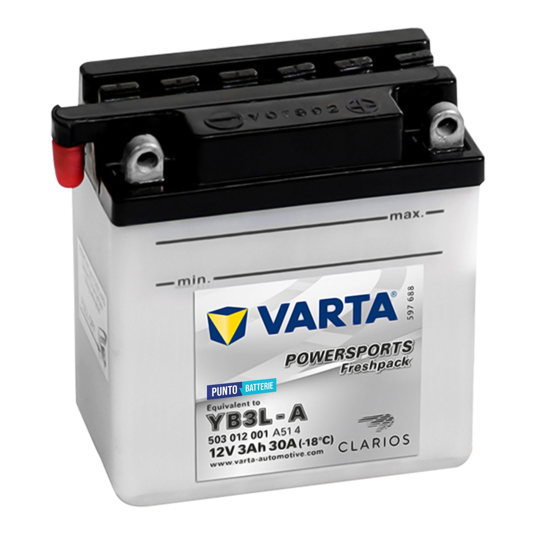 Batteria originale Varta Powersport Freshpack YB3L-A, dimensioni 176 x 101 x 156, polo positivo a destra, 12 volt, 3 amperora, 30 ampere. Batteria per moto, scooter e powersport.