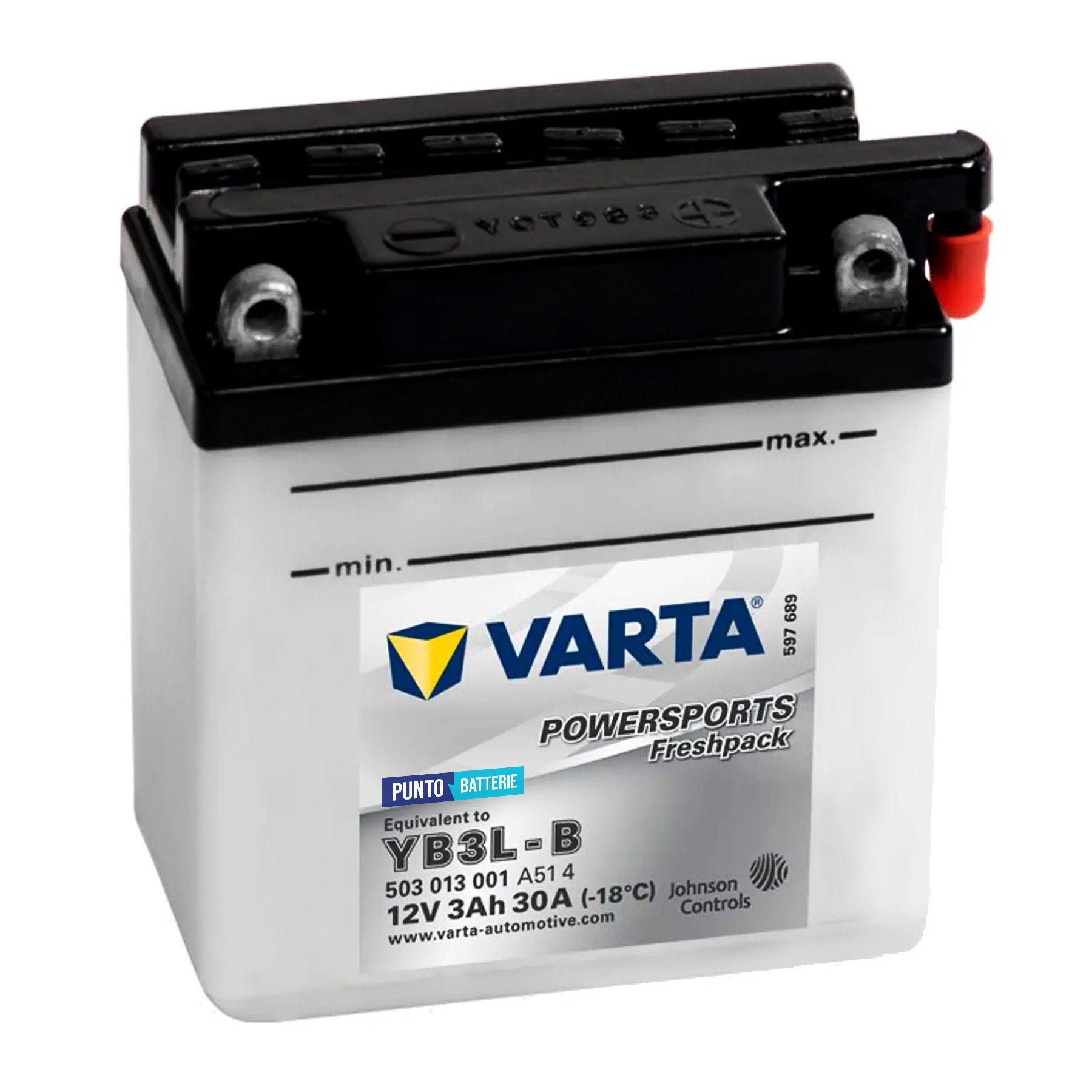 Batteria originale Varta Powersport Freshpack YB3L-B, dimensioni 176 x 101 x 156, polo positivo a destra, 12 volt, 3 amperora, 30 ampere. Batteria per moto, scooter e powersport.