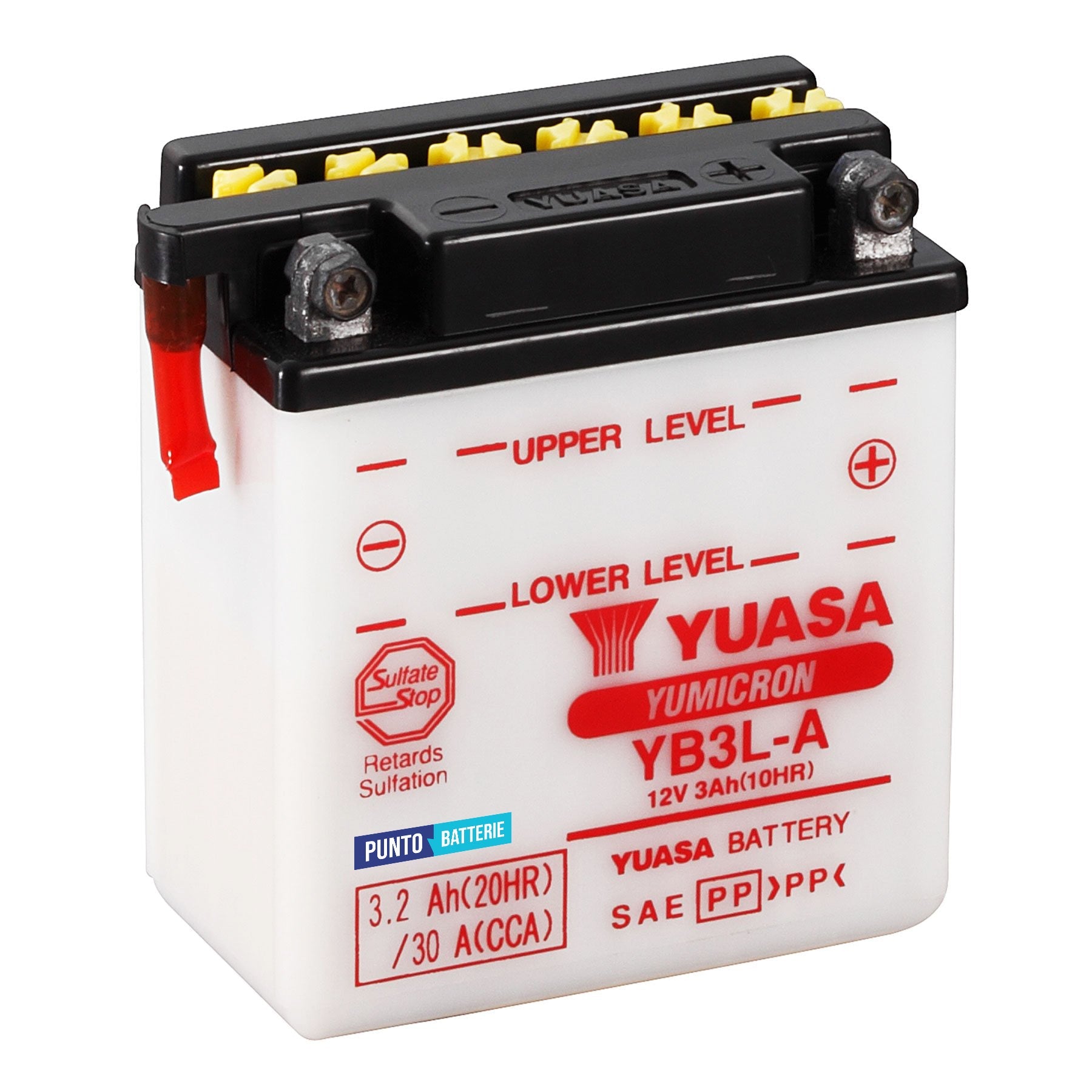 Batteria originale Yuasa YuMicron YB3L-A, dimensioni 99 x 57 x 111, polo positivo a destra, 12 volt, 3 amperora, 30 ampere. Batteria per moto, scooter e powersport.