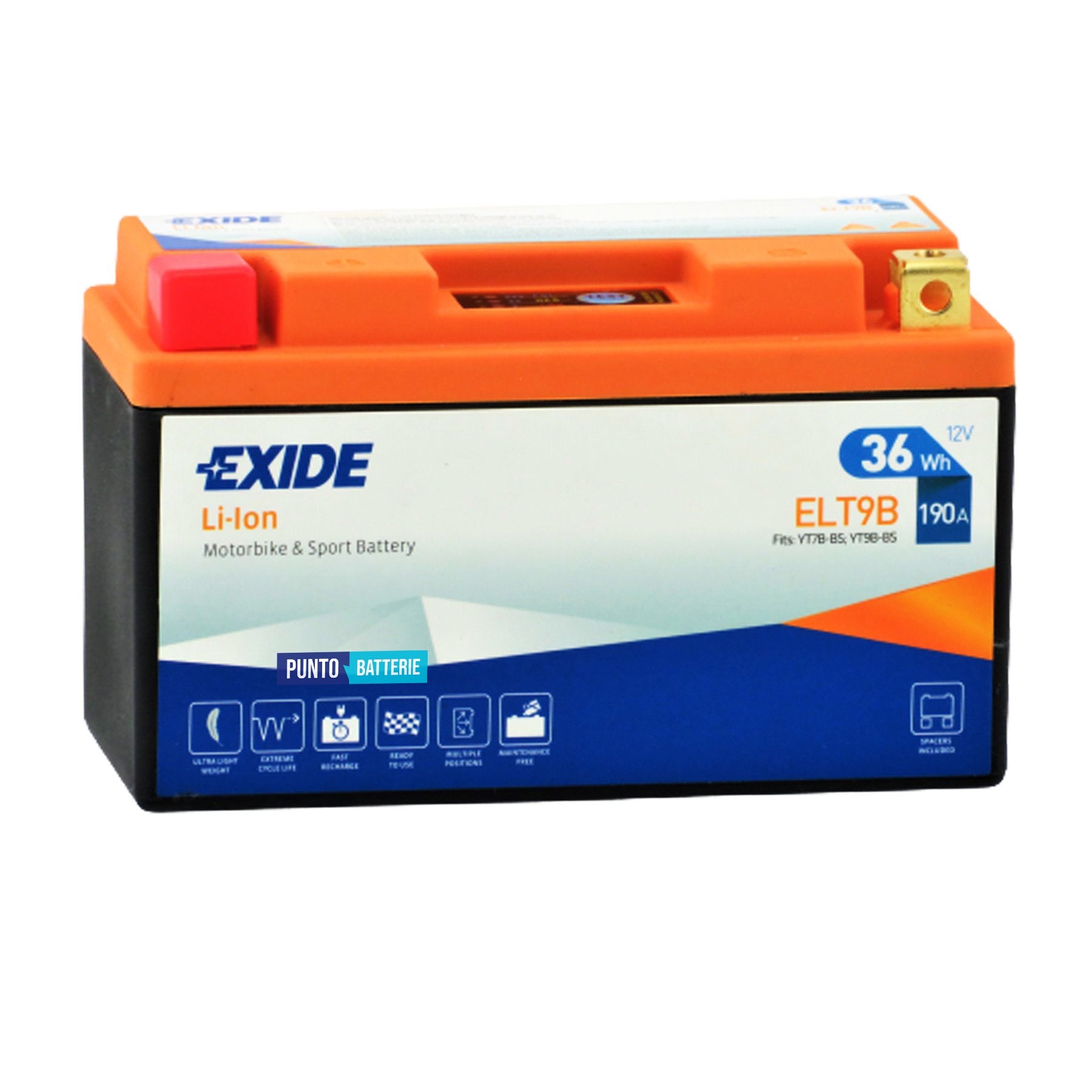 Batteria originale Exide LI-ION ELT9B, dimensioni 150 x 65 x 95, polo positivo a sinistra, 12 volt, 3 amperora, 190 ampere. Batteria per moto, scooter e powersport.