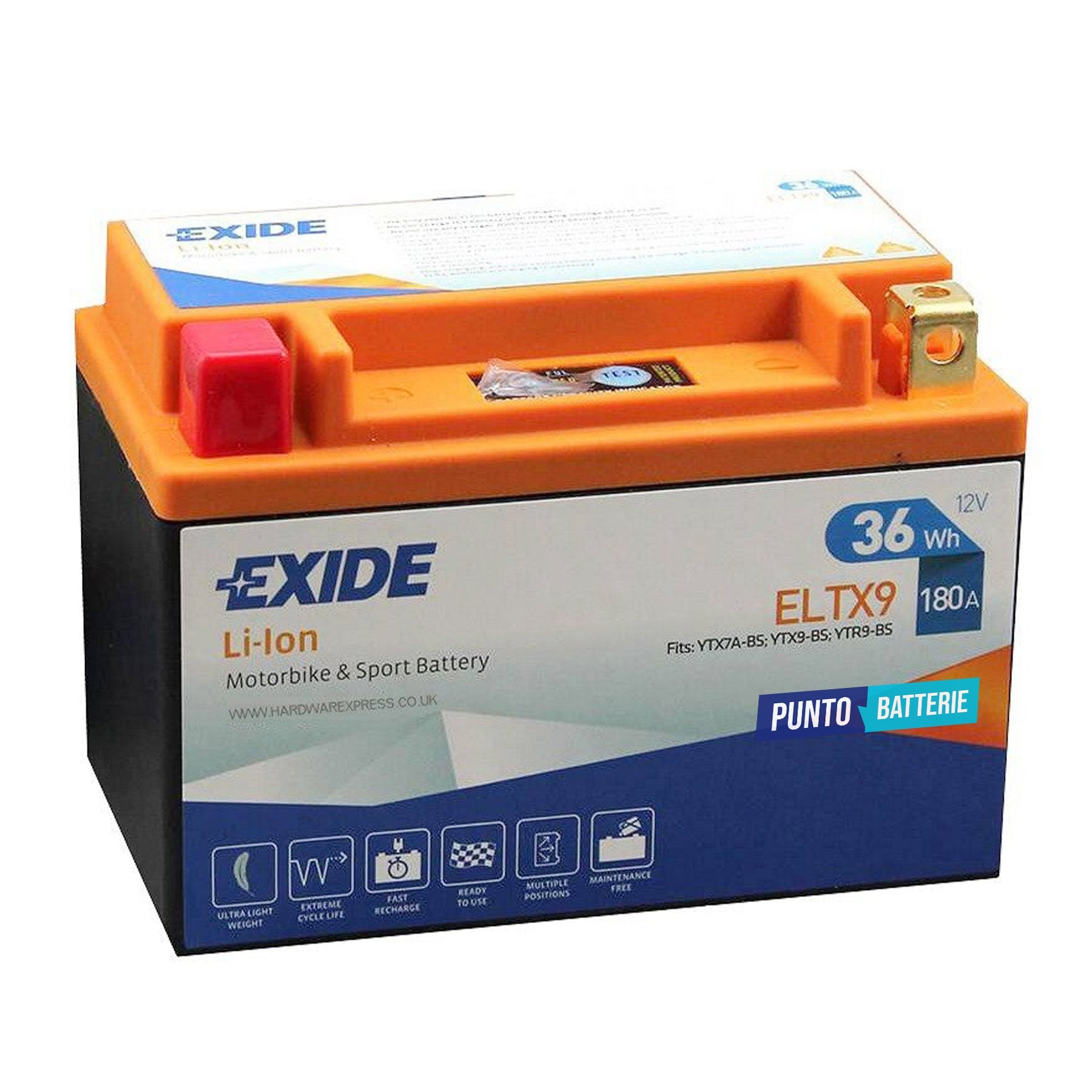 Batteria originale Exide LI-ION ELTX9, dimensioni 150 x 90 x 105, polo positivo a sinistra, 12 volt, 3 amperora, 180 ampere. Batteria per moto, scooter e powersport.