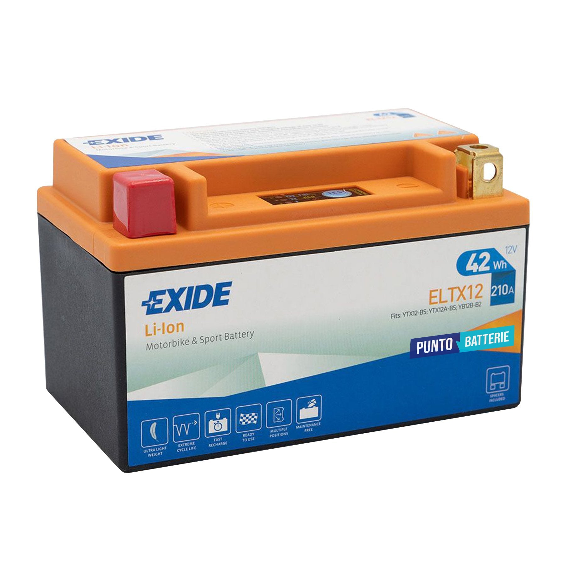 Batteria originale Exide LI-ION ELTX12, dimensioni 150 x 90 x 95, polo positivo a sinistra, 12 volt, 3 amperora, 210 ampere. Batteria per moto, scooter e powersport.