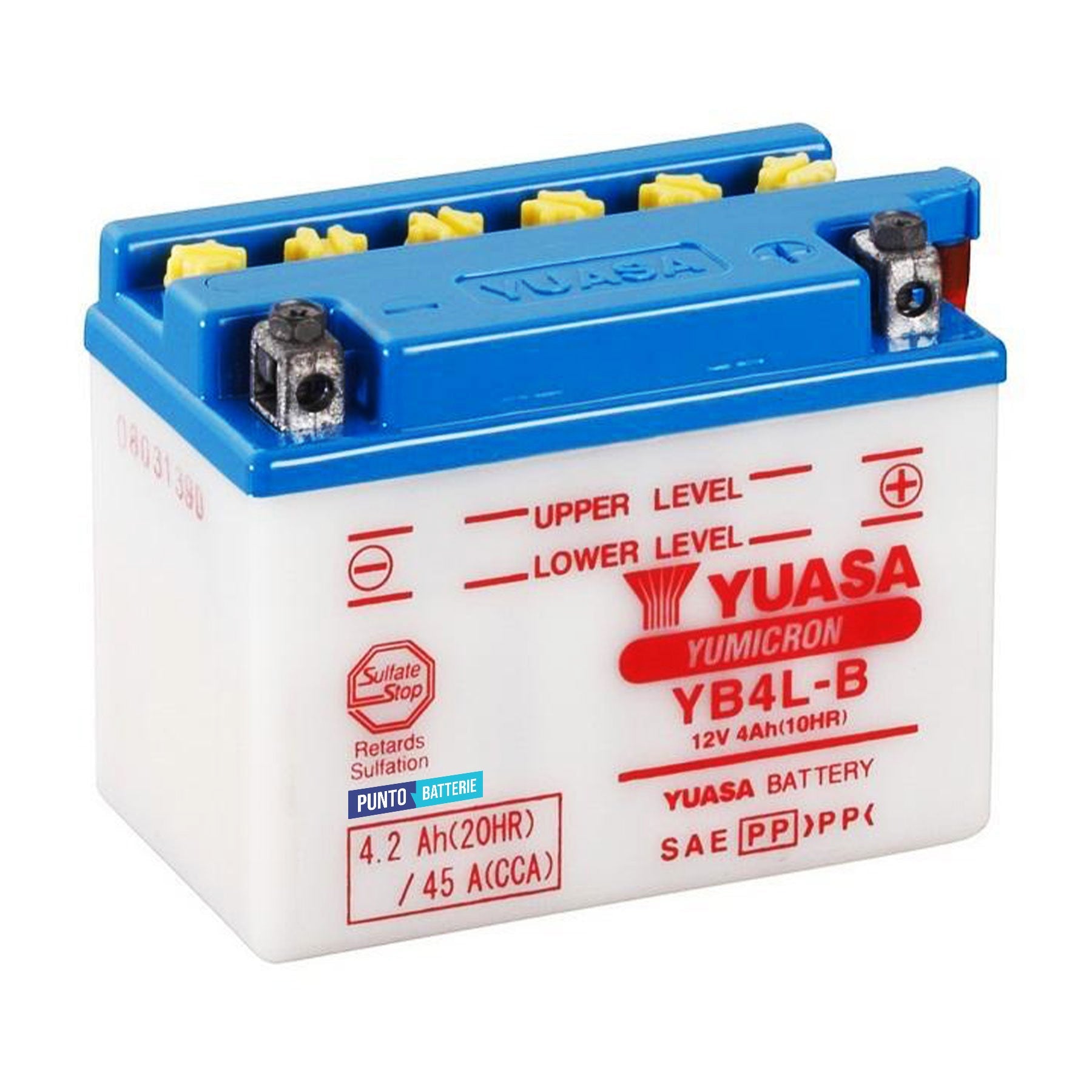 Batteria originale Yuasa Ausiliarie e Backup YB4L-B(CP), dimensioni 120 x 70 x 92, polo positivo a destra, 12 volt, 4.2 amperora, 45 ampere, SLI. Batteria ausiliaria per auto e veicoli leggeri con start e stop.