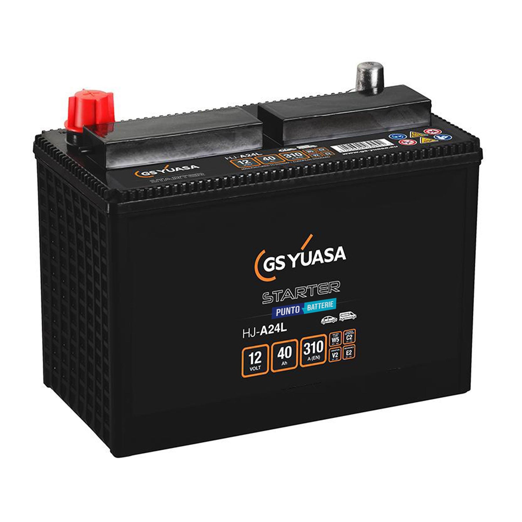 Batteria originale Yuasa Ausiliarie e Backup HJ-A24L, dimensioni 238 x 129 x 187, polo positivo a destra, 12 volt, 40 amperora, 310 ampere, AGM. Batteria ausiliaria per auto e veicoli leggeri con start e stop.