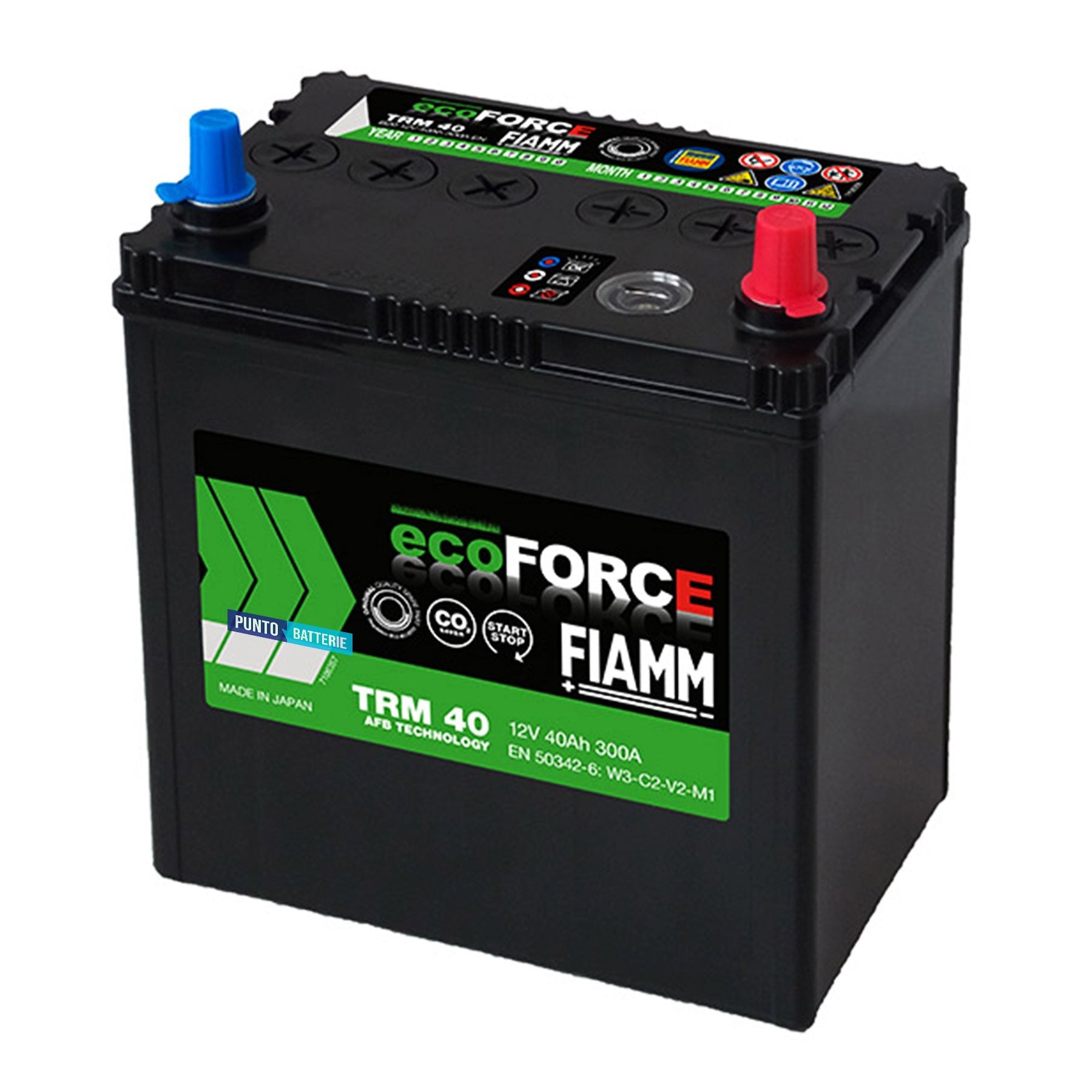 Batteria originale Fiamm EcoFORCE AFB TRM 40, dimensioni 197 x 129 x 227, polo positivo a destra, 12 volt, 40 amperora, 300 ampere, EFB. Batteria per auto e veicoli leggeri con start e stop.