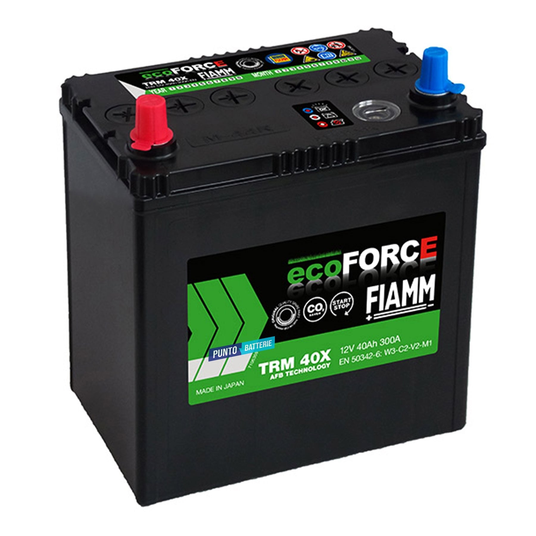Batteria originale Fiamm EcoFORCE AFB TRM 40X, dimensioni 197 x 129 x 227, polo positivo a sinistra, 12 volt, 40 amperora, 300 ampere, EFB. Batteria per auto e veicoli leggeri con start e stop.