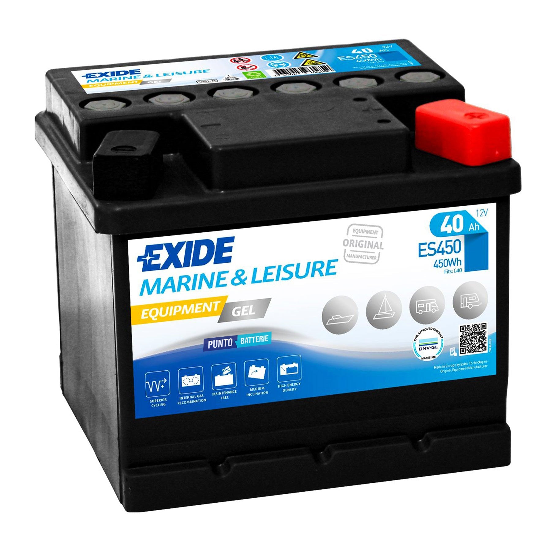 Batteria originale Exide Equipment Gel ES450, dimensioni 210 x 175 x 175, 12 volt, 40 amperora, GEL. Batteria per servizi di camper, barca e applicazioni a scarica lenta.
