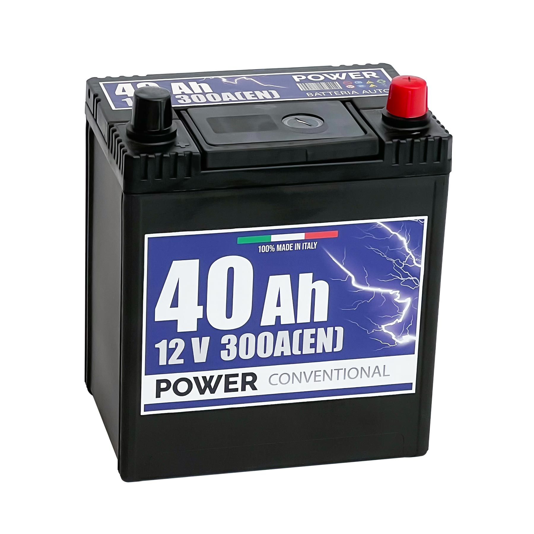 Batteria originale Power Conventional PB406, dimensioni 187 x 127 x 220, polo positivo a destra, 12 volt, 40 amperora, 300 ampere. Batteria per auto e veicoli leggeri.