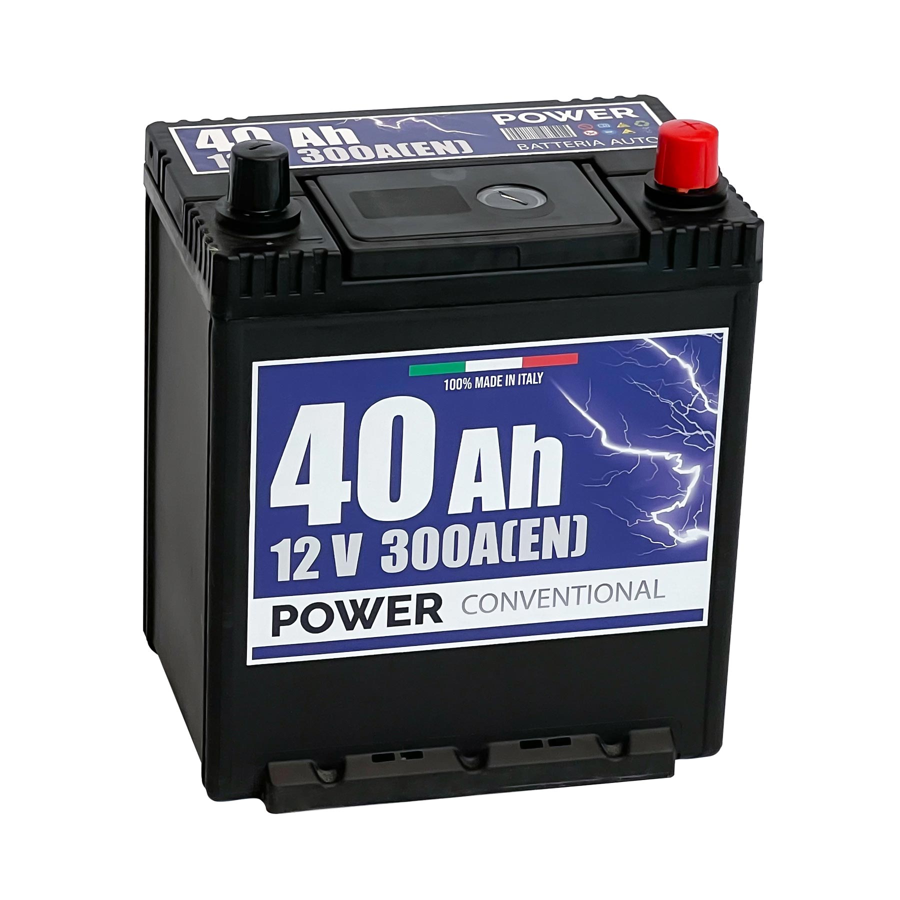 Batteria originale Power Conventional PB406A, dimensioni 187 x 127 x 220, polo positivo a destra, 12 volt, 40 amperora, 300 ampere. Batteria per auto e veicoli leggeri.