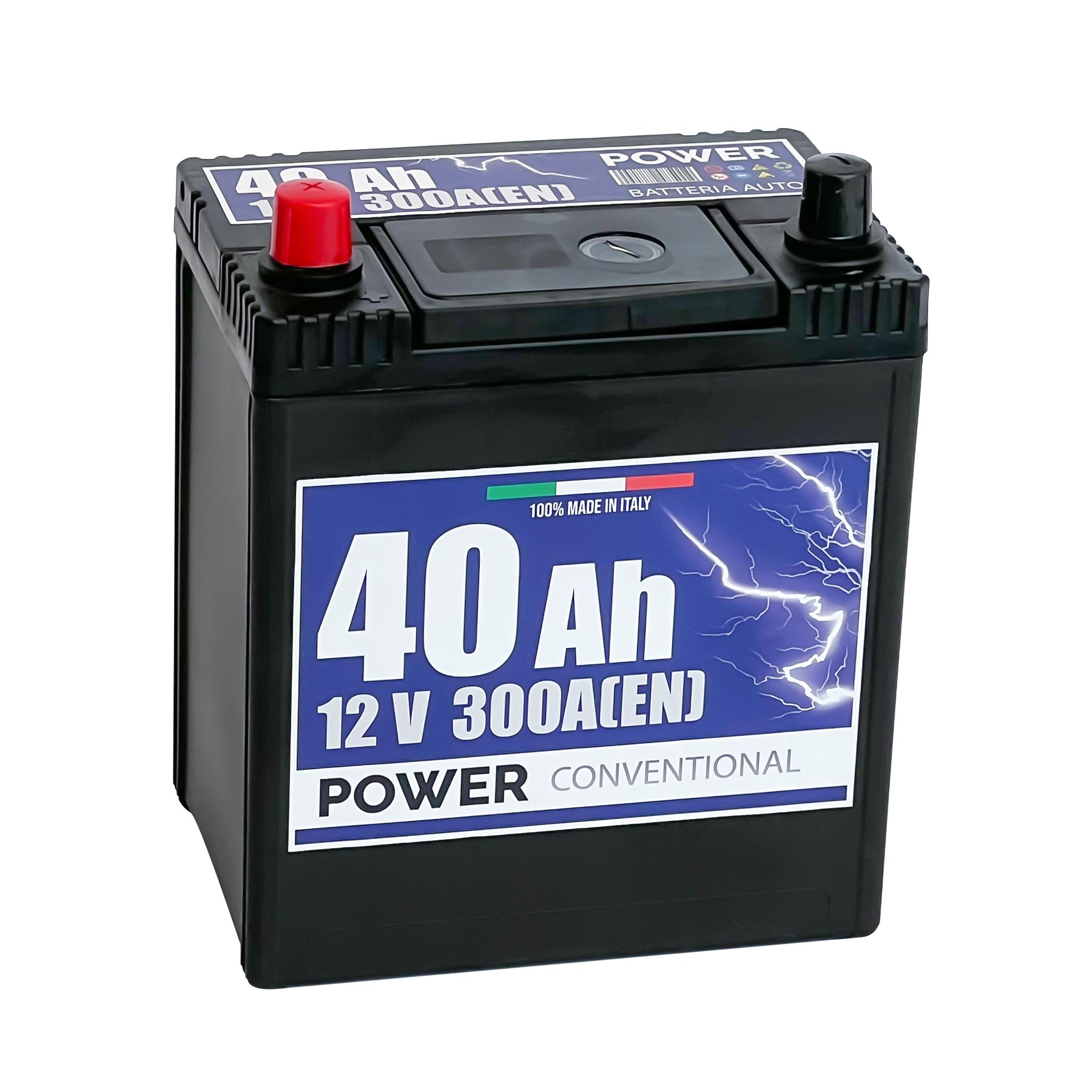 Batteria originale Power Conventional PB407, dimensioni 187 x 127 x 220, polo positivo a sinistra, 12 volt, 40 amperora, 300 ampere. Batteria per auto e veicoli leggeri.