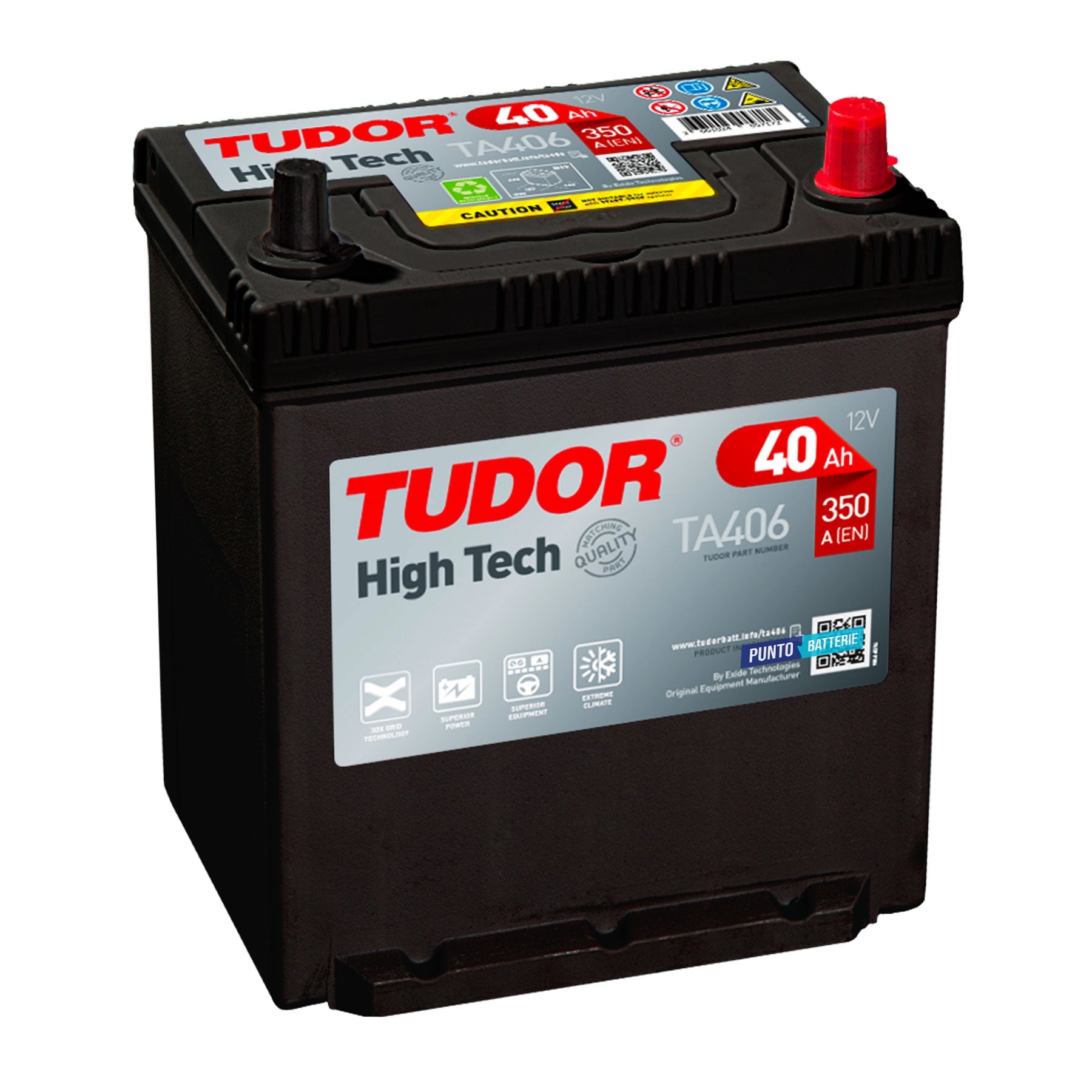 Batteria originale Tudor High Tech TA406, dimensioni 187 x 127 x 220, polo positivo a destra, 12 volt, 40 amperora, 350 ampere. Batteria per auto e veicoli leggeri.