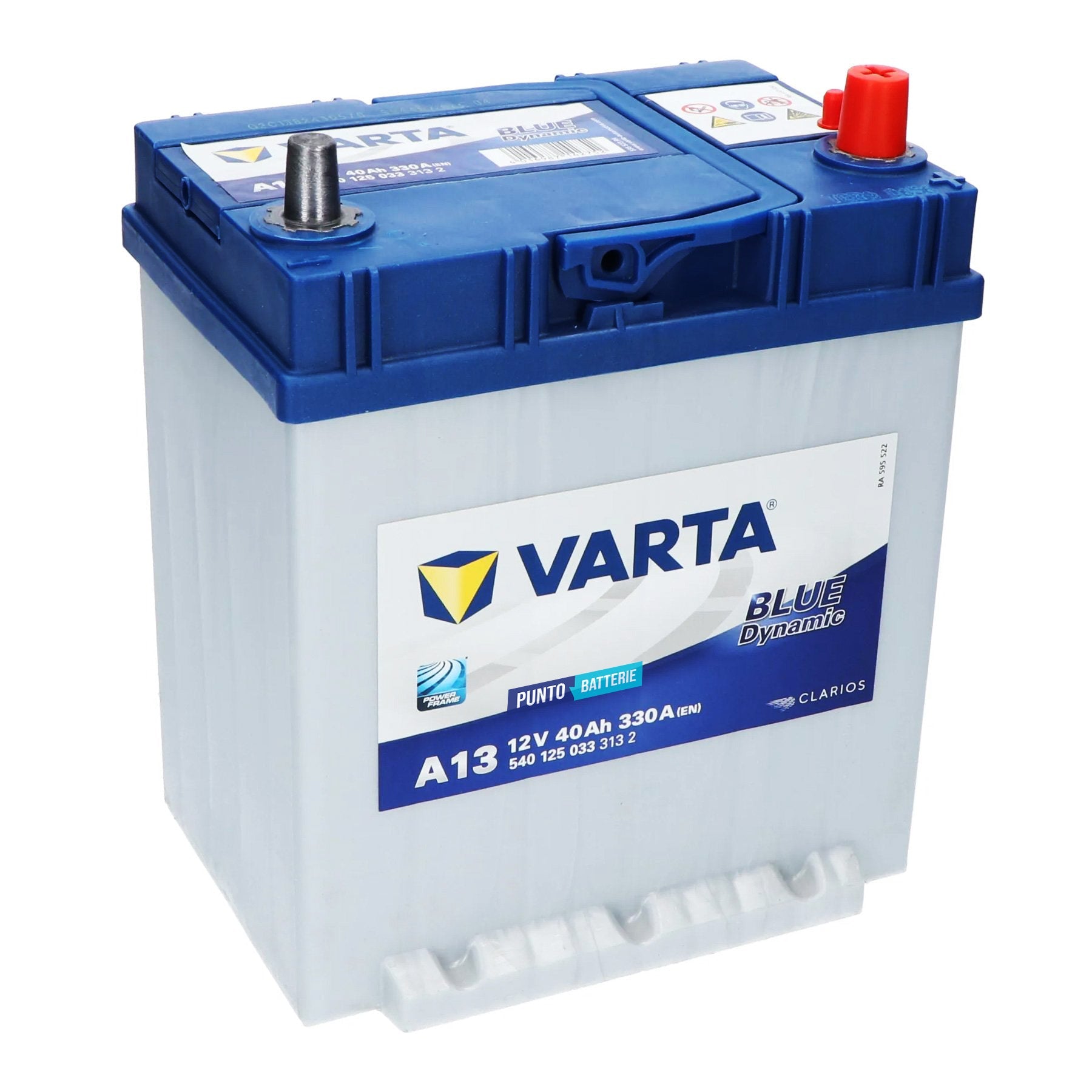 Batteria originale Varta Blue Dynamic A13, dimensioni 187 x 140 x 227, polo positivo a destra, 12 volt, 40 amperora, 330 ampere. Batteria per auto e veicoli leggeri.