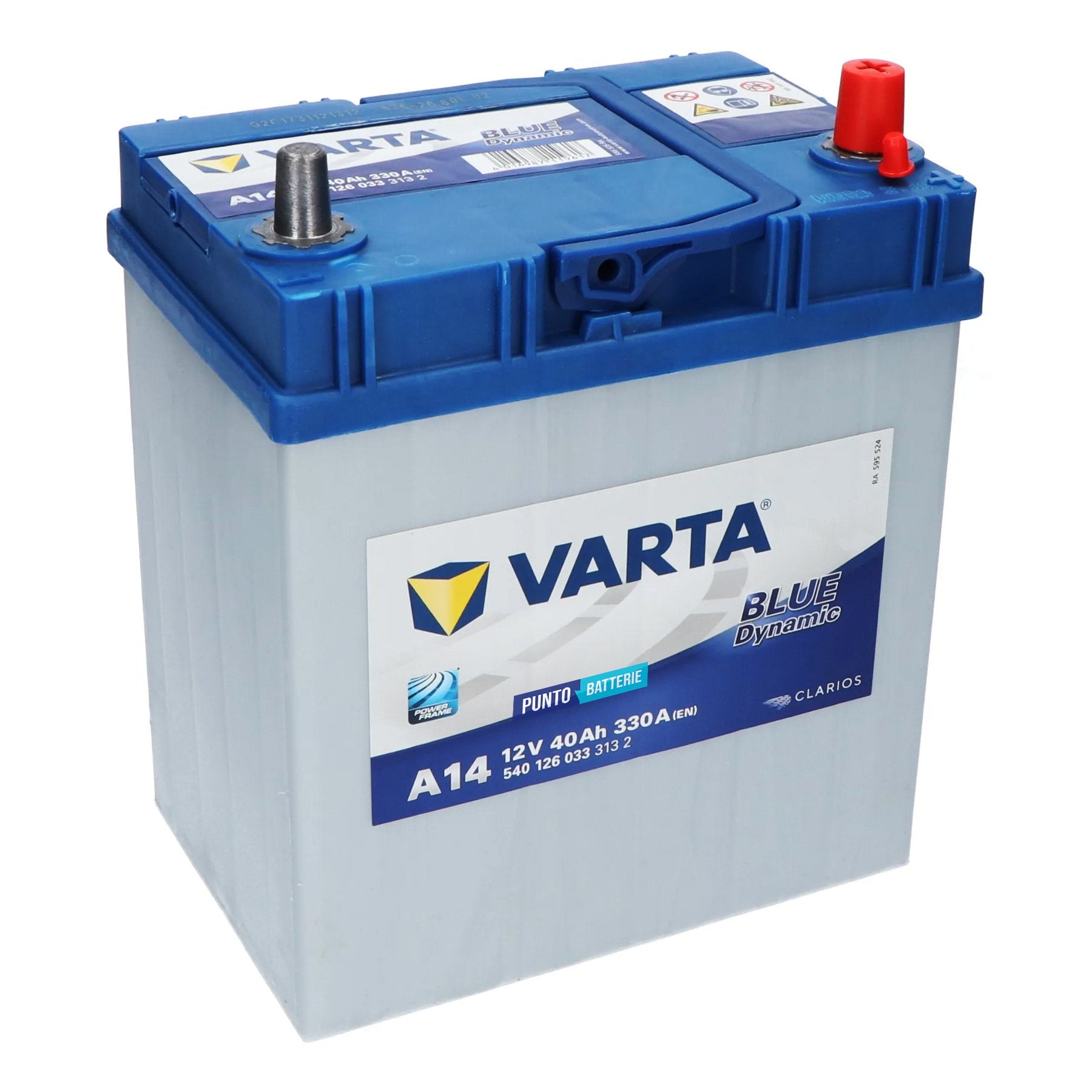 Batteria originale Varta Blue Dynamic A14, dimensioni 187 x 127 x 227, polo positivo a destra, 12 volt, 40 amperora, 330 ampere. Batteria per auto e veicoli leggeri.