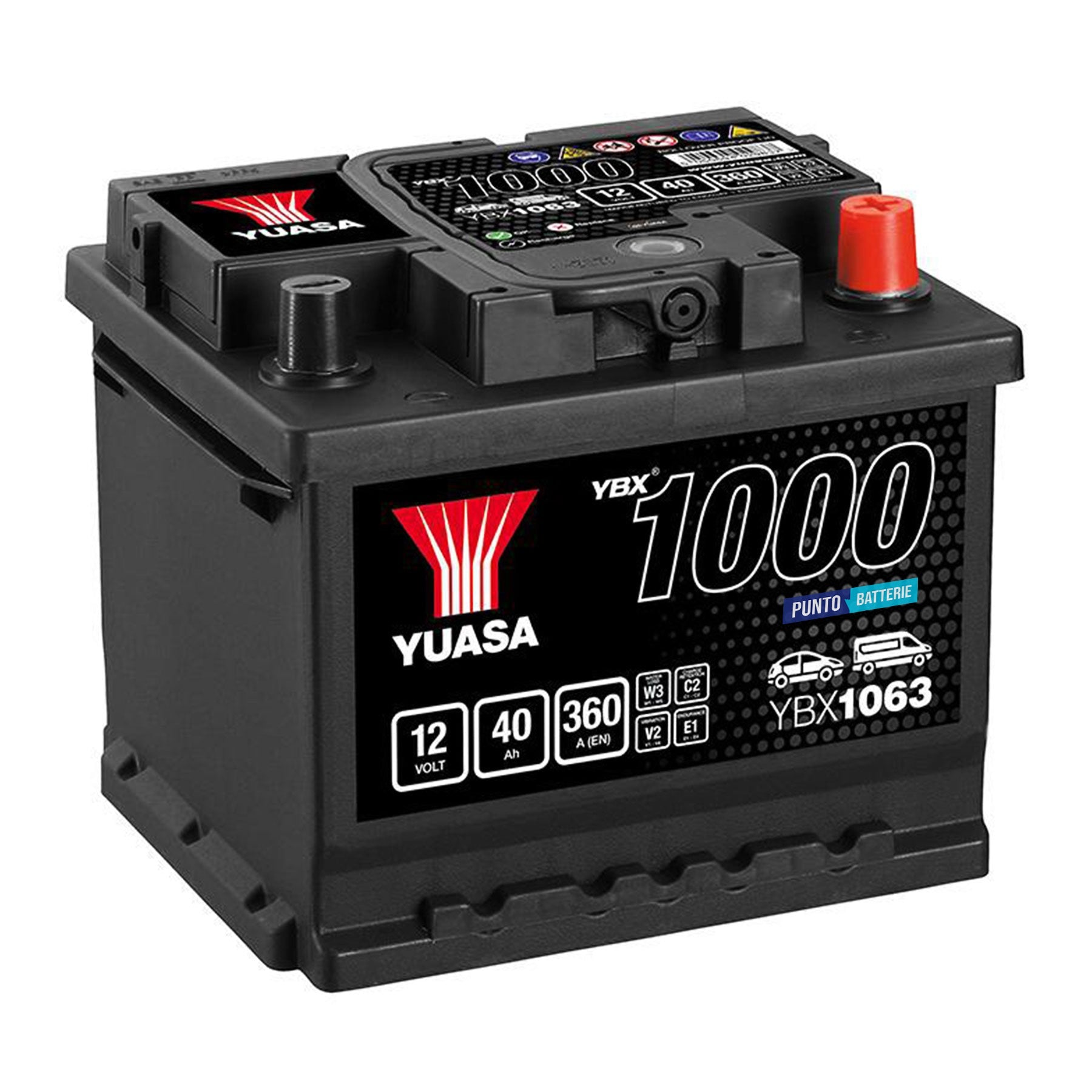 Batteria originale Yuasa YBX1000 YBX1063, dimensioni 207 x 175 x 175, polo positivo a destra, 12 volt, 40 amperora, 360 ampere. Batteria per auto e veicoli leggeri.