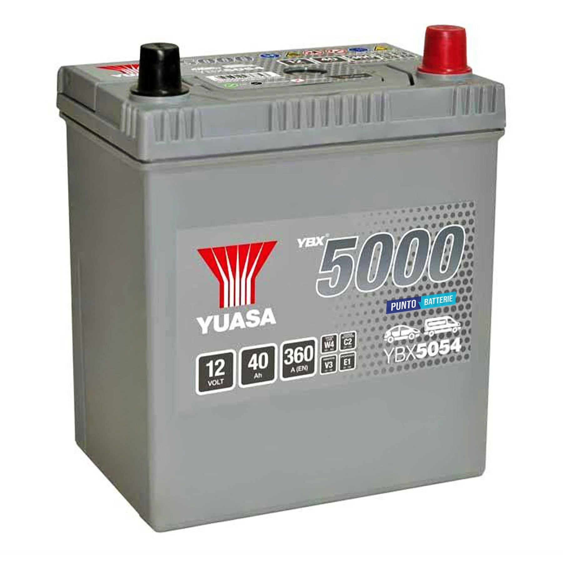 Batteria originale Yuasa YBX5000 YBX5054, dimensioni 187 x 127 x 223, polo positivo a destra, 12 volt, 40 amperora, 360 ampere. Batteria per auto e veicoli leggeri.