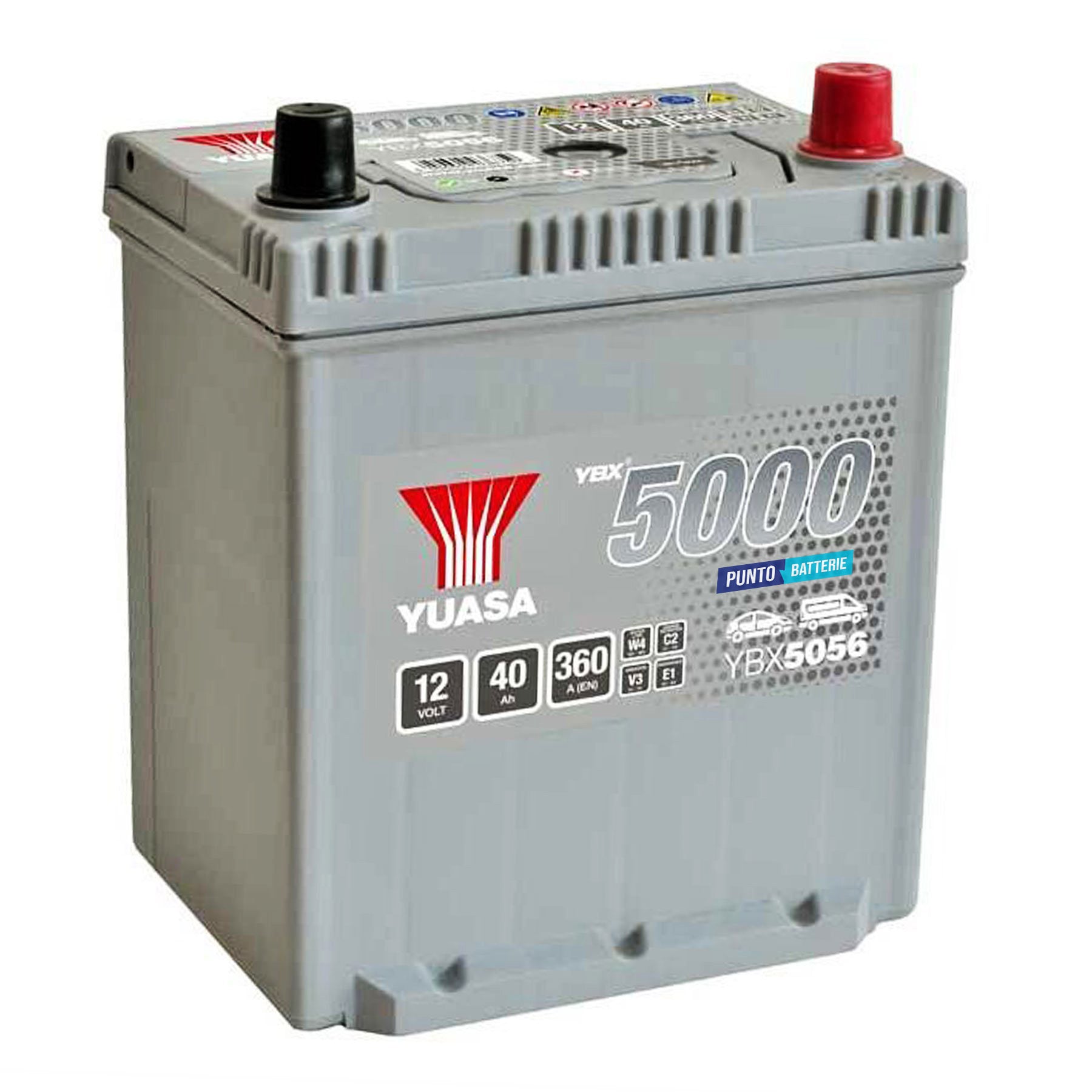 Batteria originale Yuasa YBX5000 YBX5056, dimensioni 187 x 137 x 223, polo positivo a destra, 12 volt, 40 amperora, 360 ampere. Batteria per auto e veicoli leggeri.