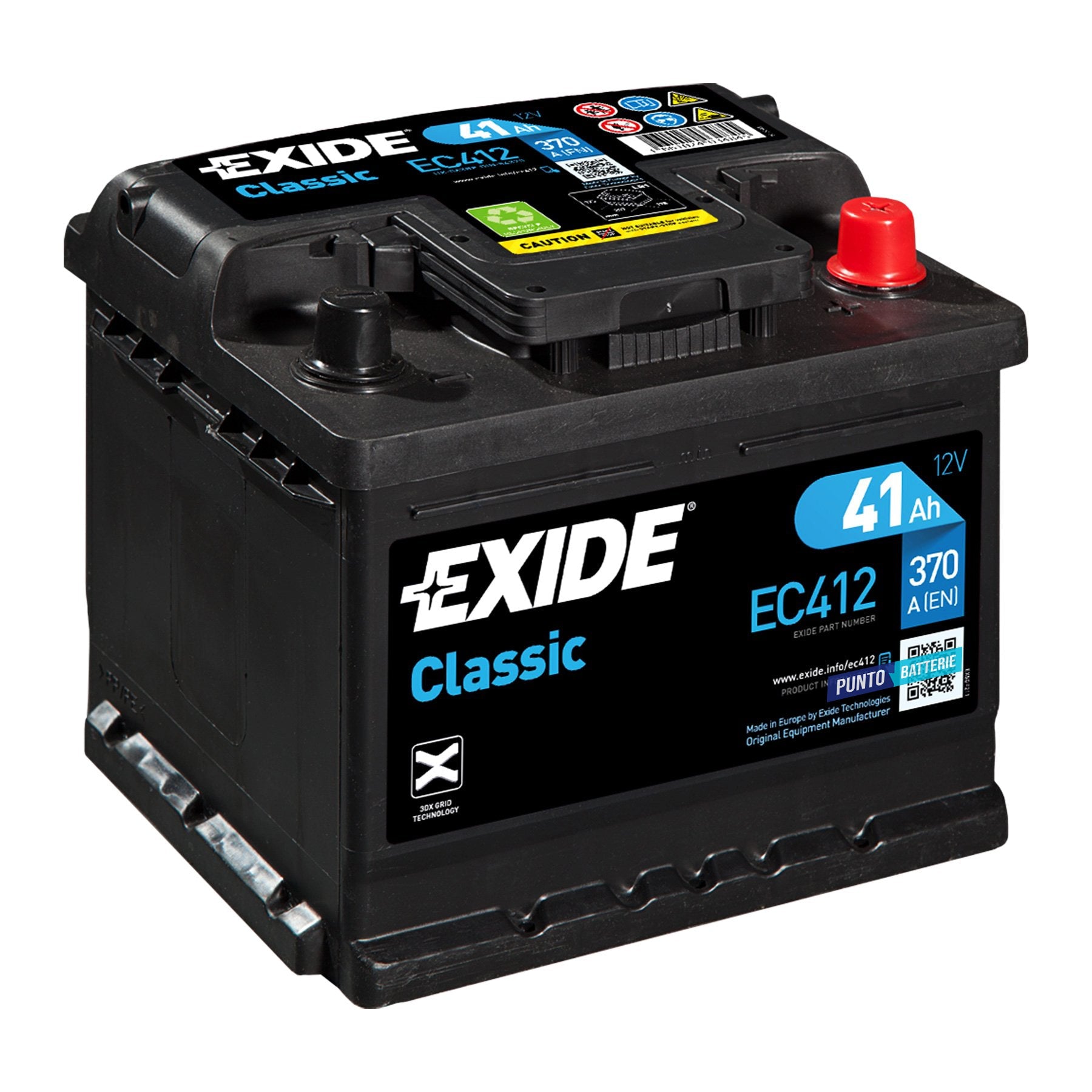 Batteria originale Exide Classic EC412, dimensioni 207 x 175 x 175, polo positivo a destra, 12 volt, 41 amperora, 370 ampere. Batteria per auto e veicoli leggeri.