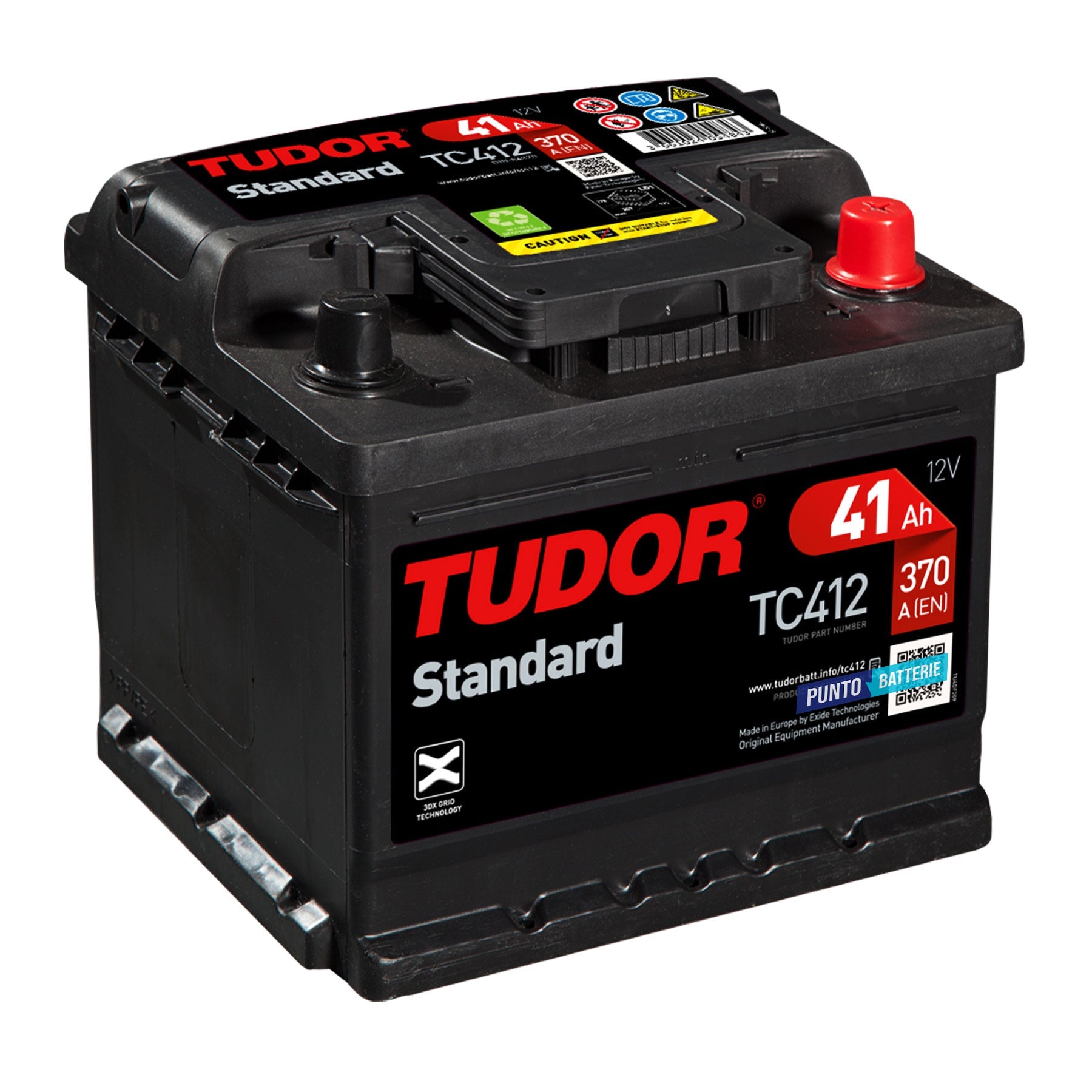 Batteria originale Tudor Standard TC412, dimensioni 207 x 175 x 175, polo positivo a destra, 12 volt, 41 amperora, 370 ampere. Batteria per auto e veicoli leggeri.