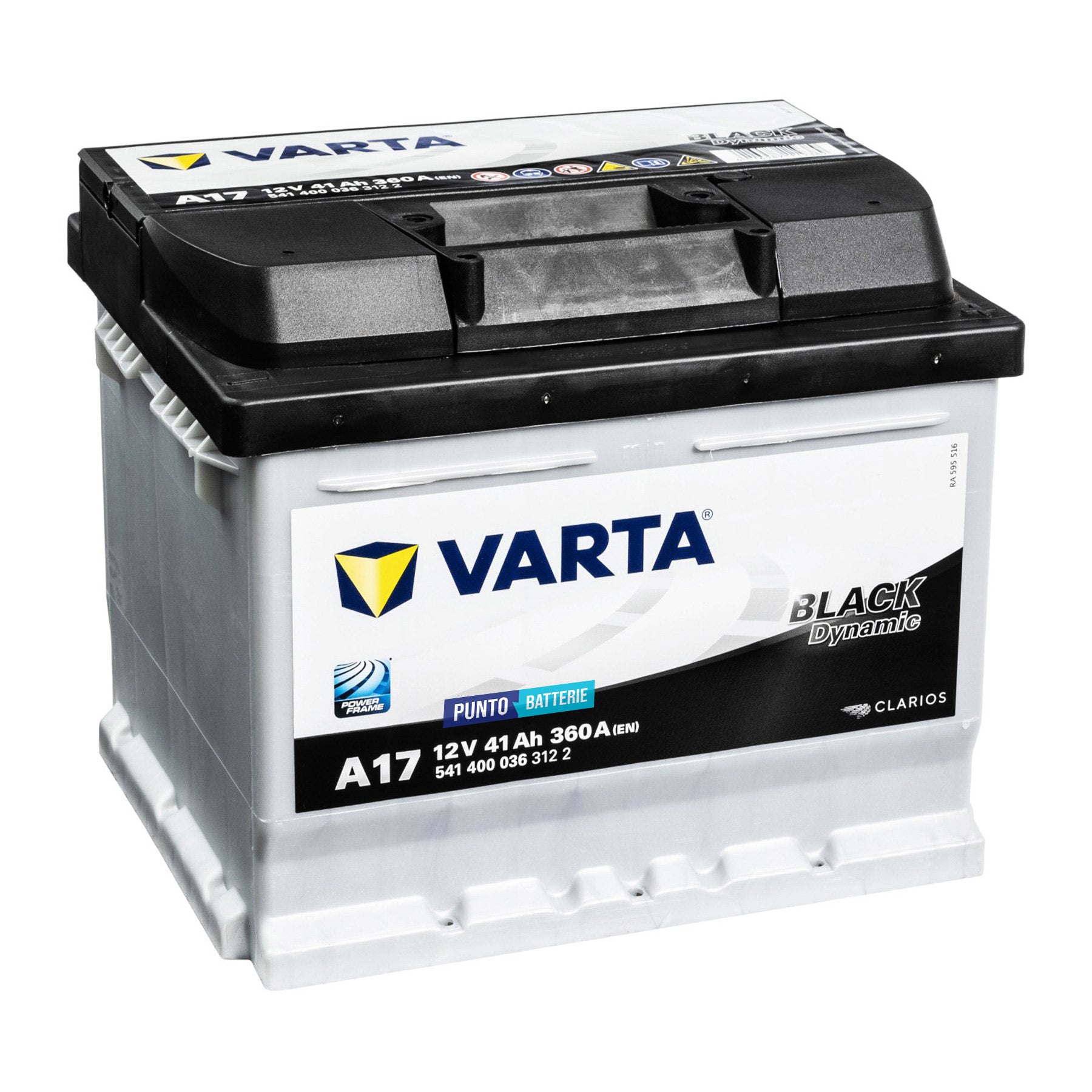 Batteria originale Varta Black Dynamic A17, dimensioni 207 x 175 x 175, polo positivo a destra, 12 volt, 41 amperora, 360 ampere. Batteria per auto e veicoli leggeri.