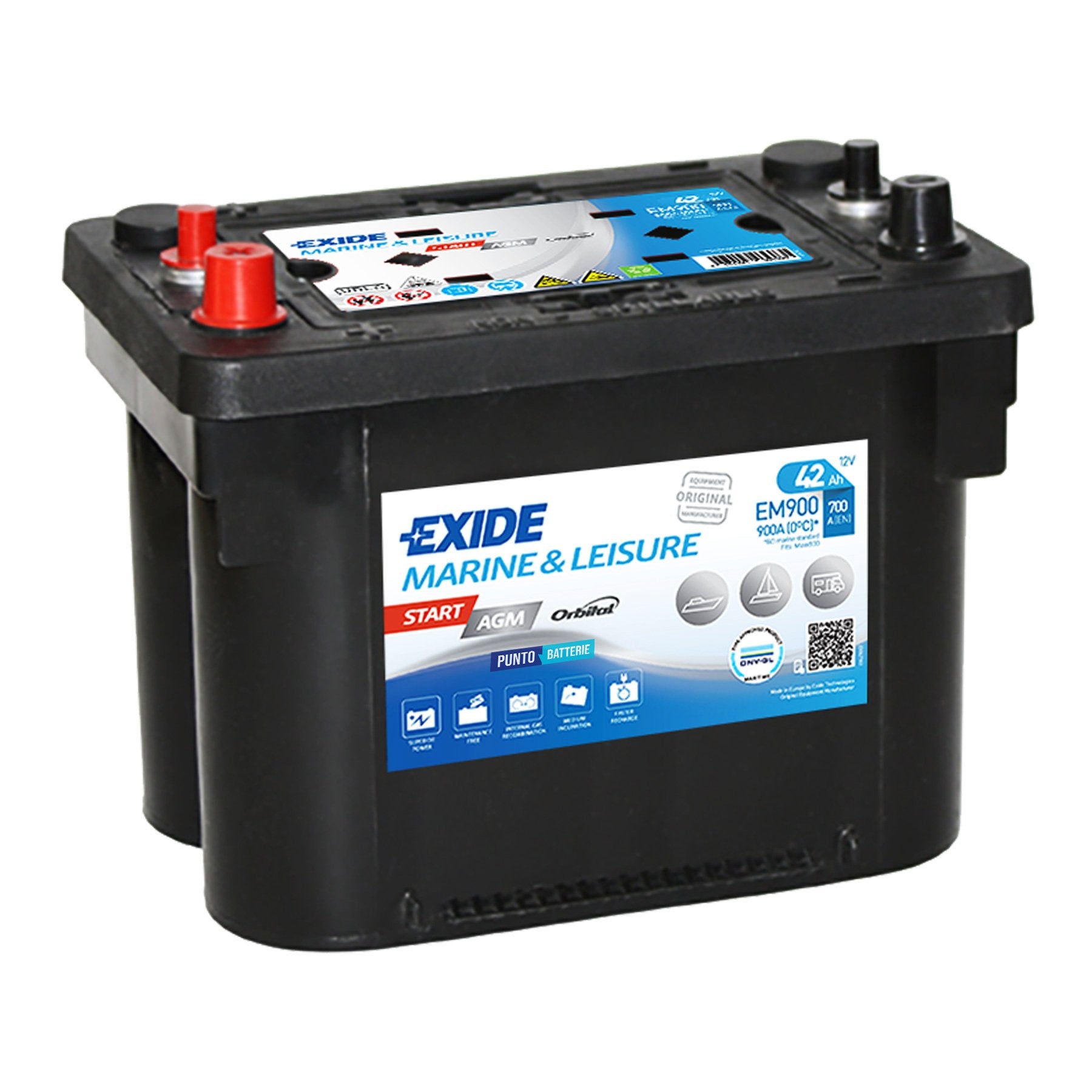 Batteria originale Exide Start AGM EM900, dimensioni 230 x 173 x 206, 12 volt, 42 amperora, AGM. Batteria per nautica e campeggio.