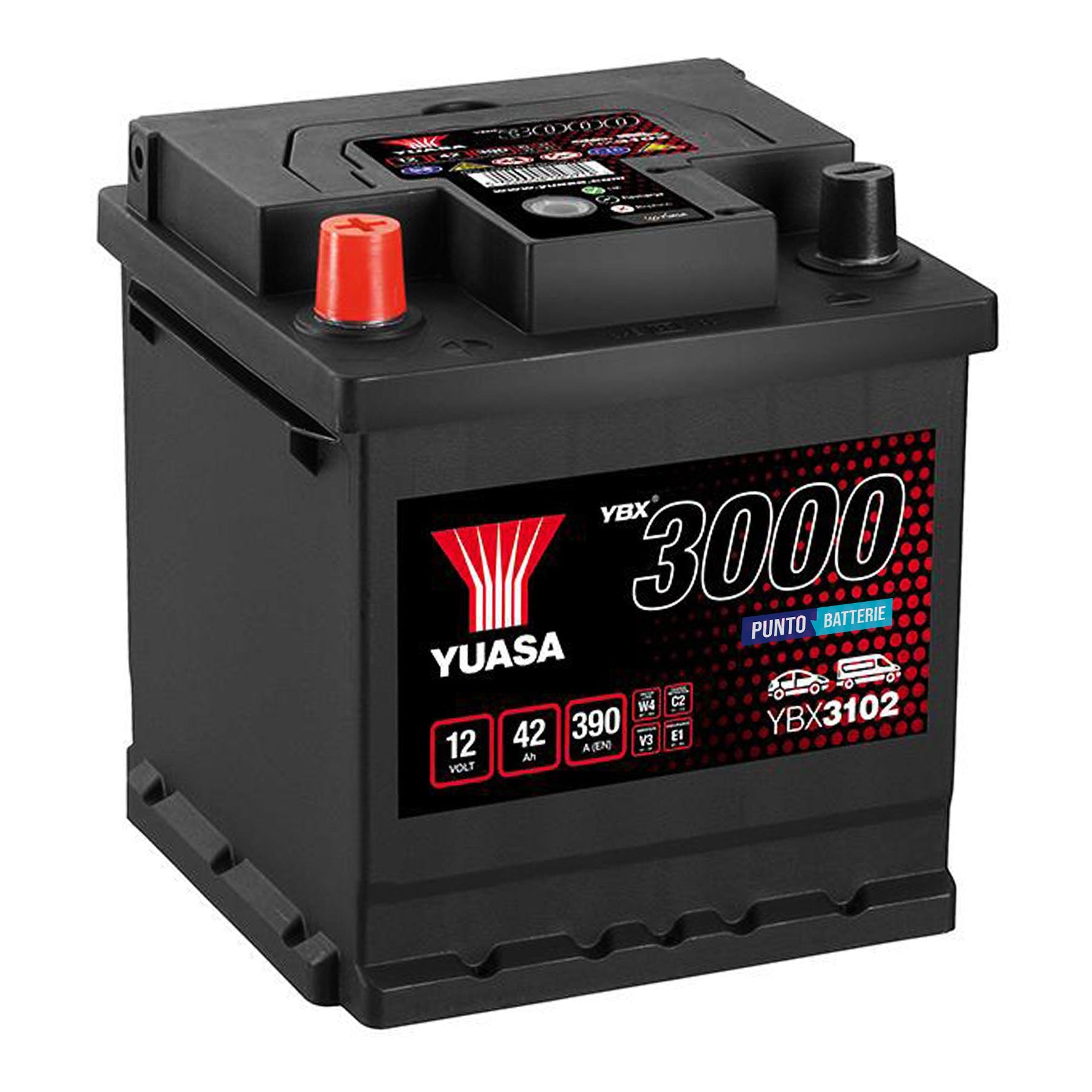 Batteria originale Yuasa YBX3000 YBX3102, dimensioni 175 x 175 x 190, polo positivo a sinistra, 12 volt, 42 amperora, 390 ampere. Batteria per auto e veicoli leggeri.