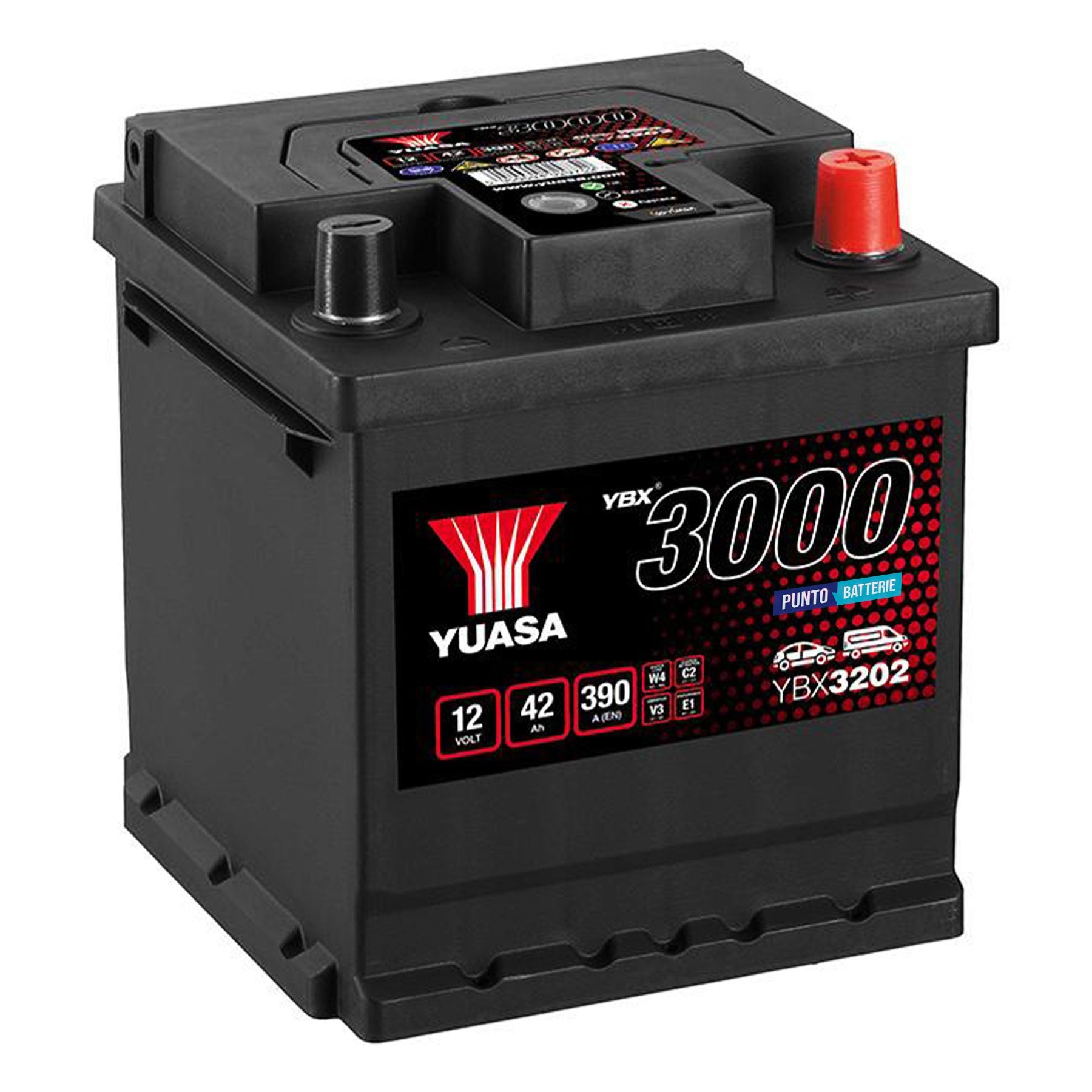 Batteria originale Yuasa YBX3000 YBX3202, dimensioni 175 x 175 x 190, polo positivo a destra, 12 volt, 42 amperora, 390 ampere. Batteria per auto e veicoli leggeri.
