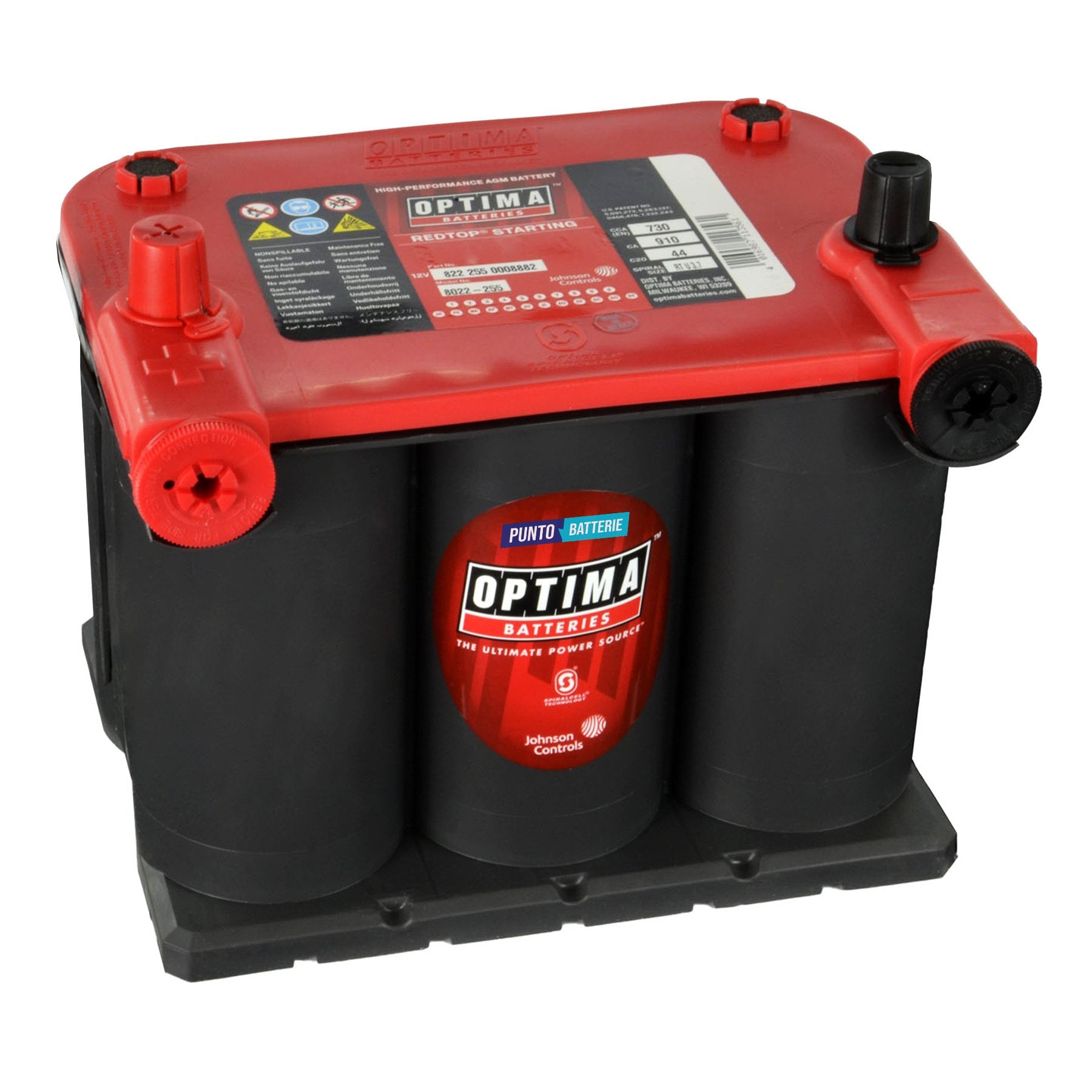 Batteria originale Optima Red Top RT U 3,7, dimensioni 237 x 171 x 197, polo positivo a sinistra, 12 volt, 44 amperora, 730 ampere, AGM. Batteria per veicoli e per l'alimentazione di servizi.