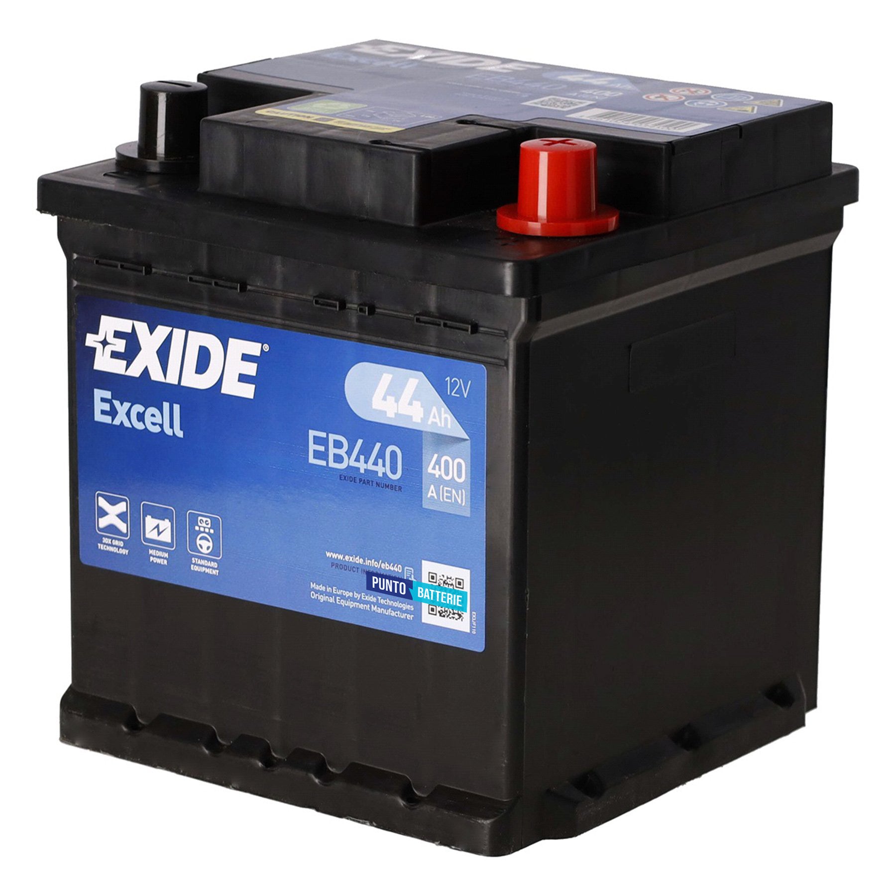 Batteria originale Exide Excell EB440, dimensioni 175 x 175 x 190, polo positivo a destra, 12 volt, 44 amperora, 400 ampere. Batteria per auto e veicoli leggeri.