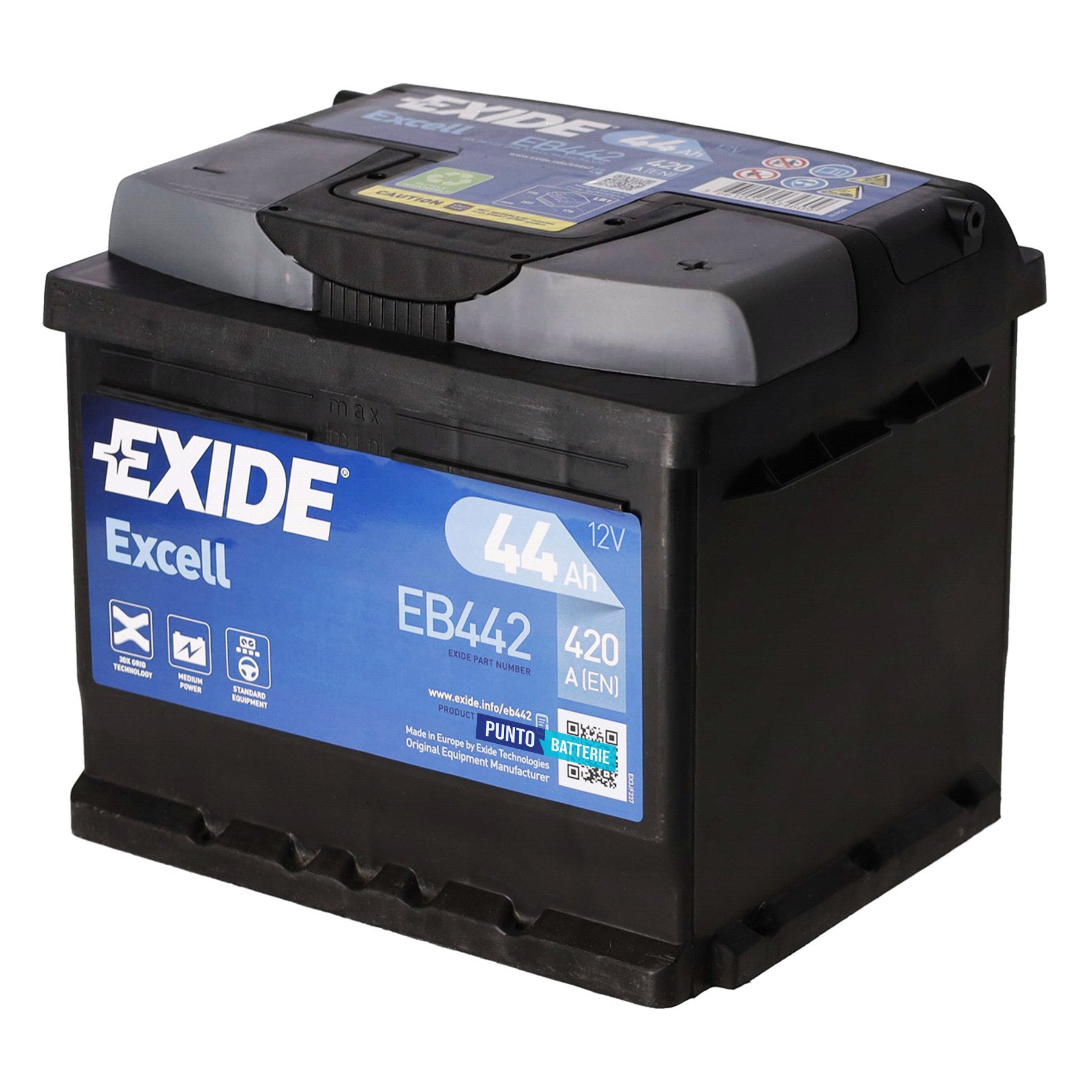 Batteria originale Exide Excell EB442, dimensioni 207 x 175 x 175, polo positivo a destra, 12 volt, 44 amperora, 420 ampere. Batteria per auto e veicoli leggeri.