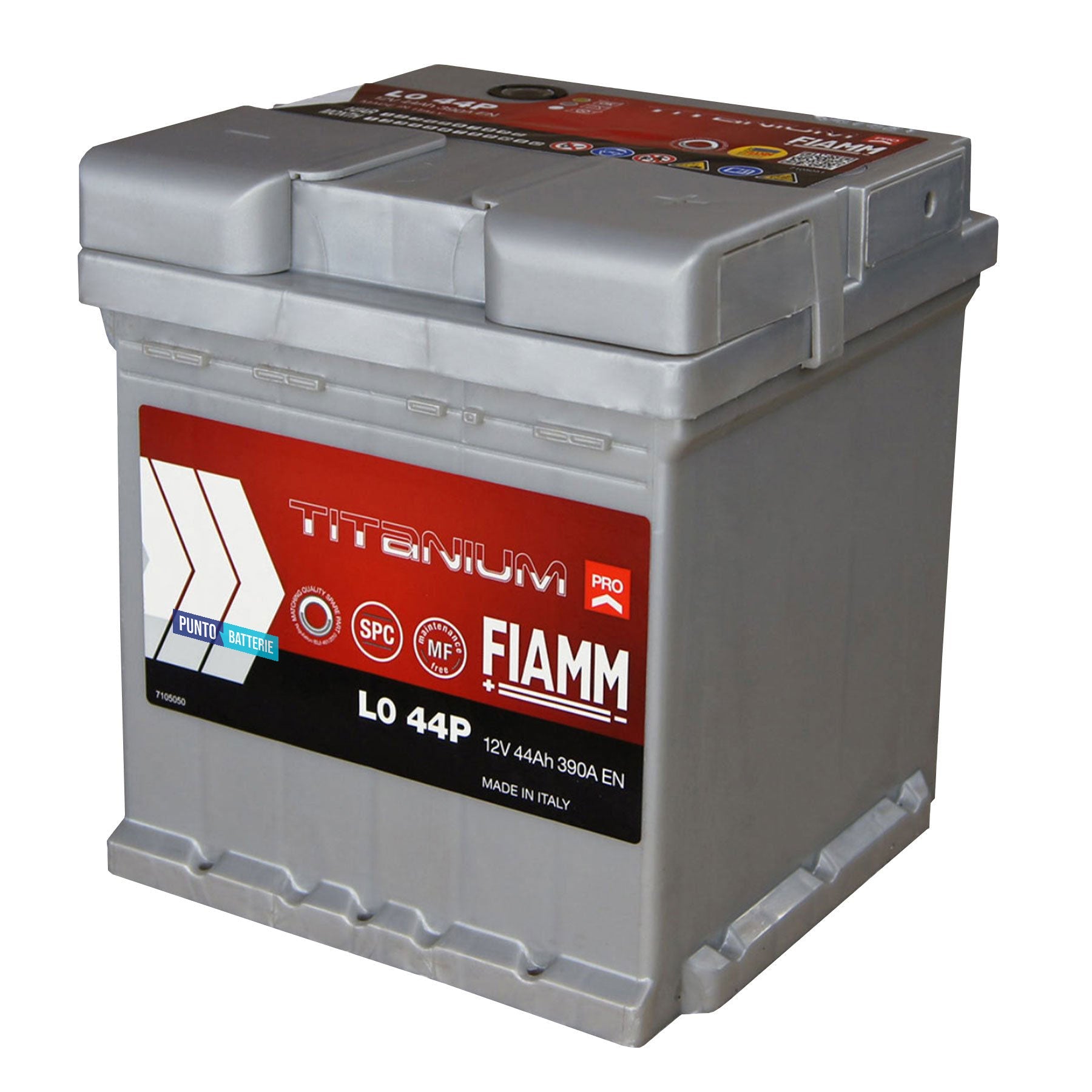 Batteria originale Fiamm Titanium PRO L0 44P, dimensioni 175 x 175 x 190, polo positivo a destra, 12 volt, 44 amperora, 390 ampere. Batteria per auto e veicoli leggeri.